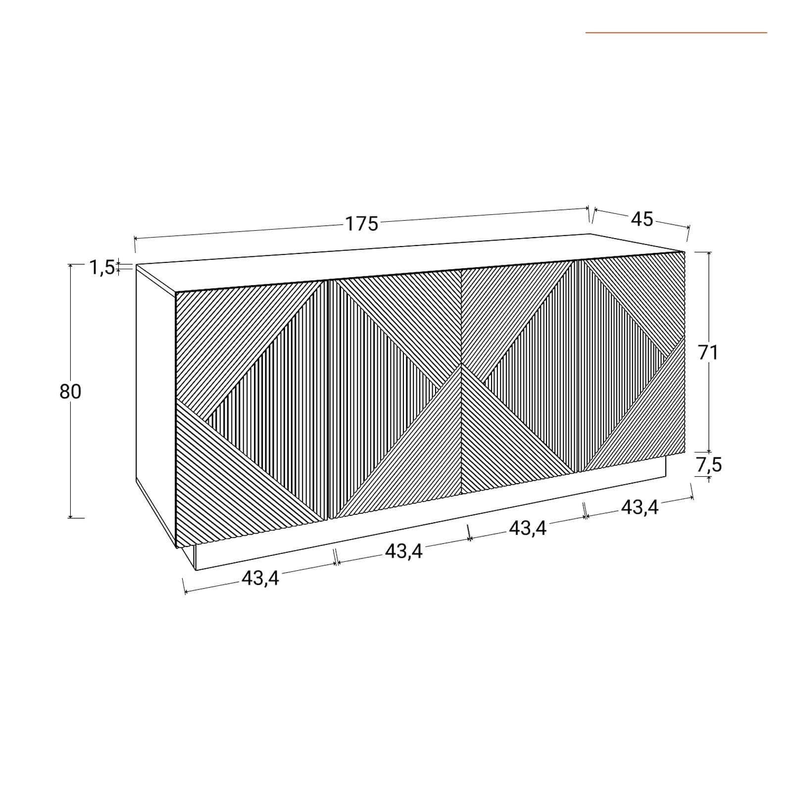 Madia 175x80h cm con 4 ante soft close nero opaco cannettato - Ayla