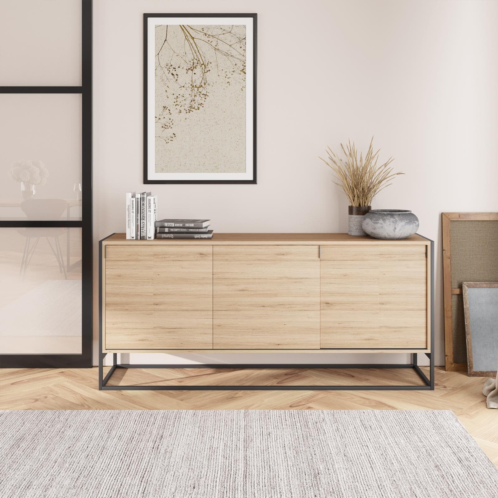 Madia 180x80h cm in legno rovere e struttura in metallo nero - Morfeo