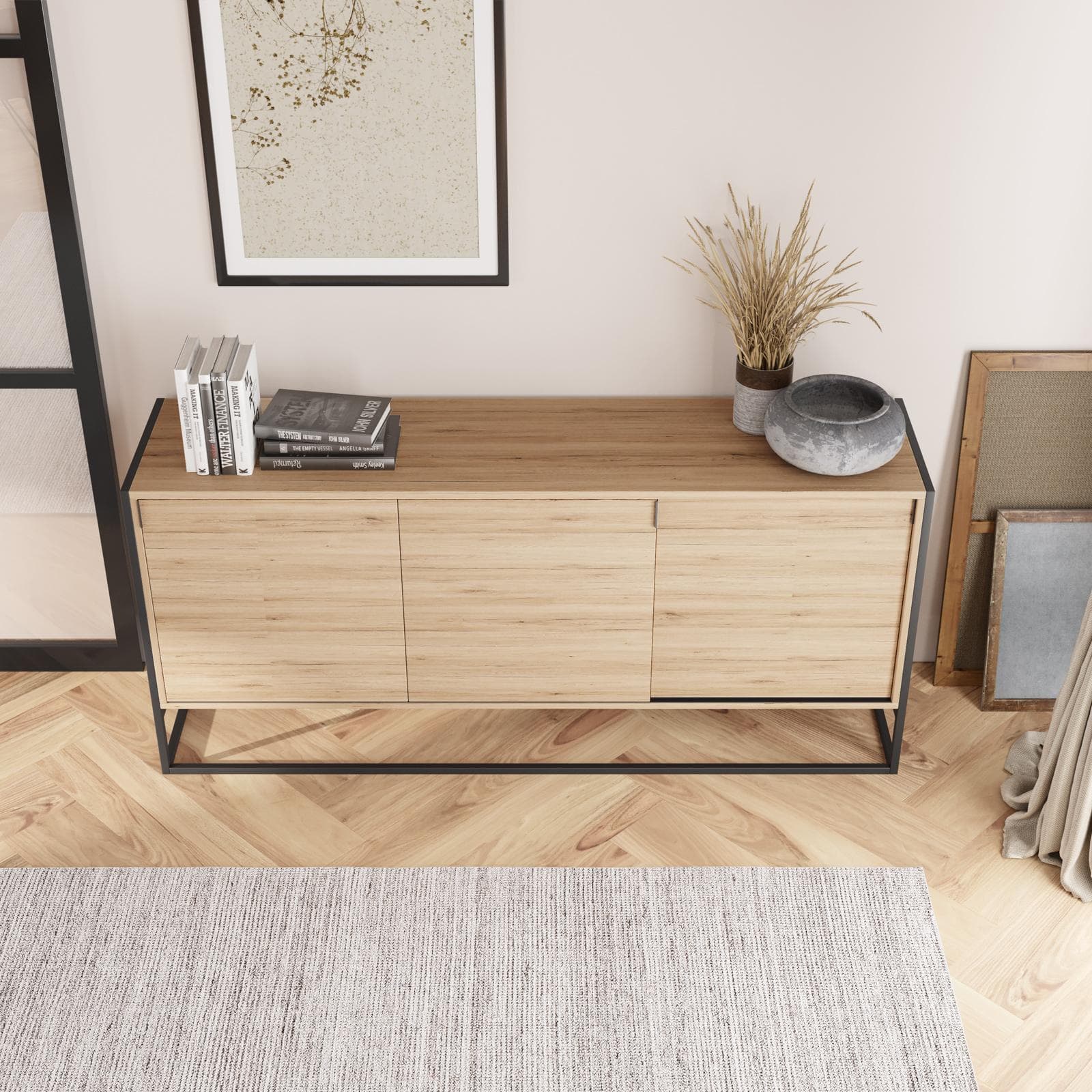 Madia 180x80h cm in legno rovere e struttura in metallo nero - Morfeo