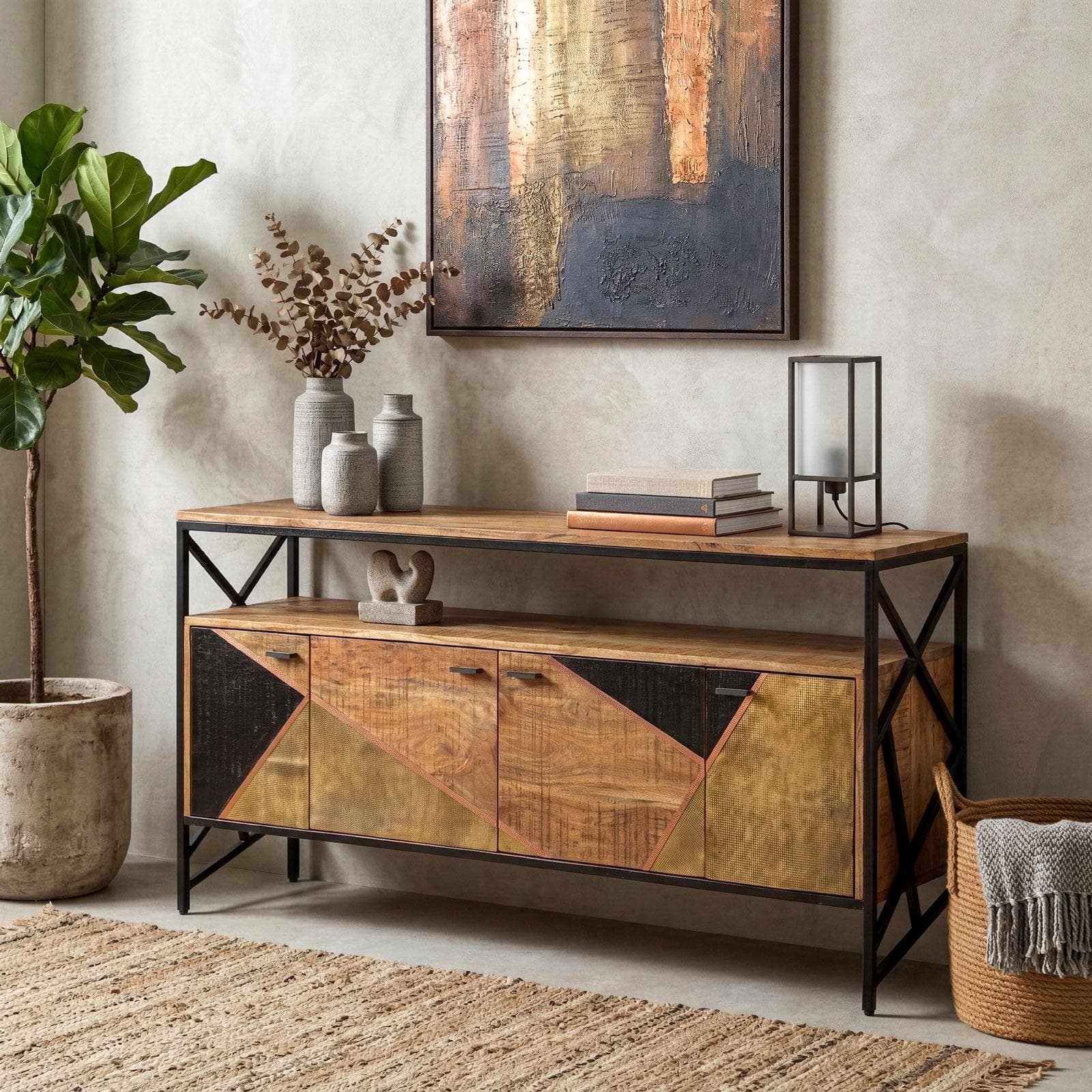 Madia 180x40 cm in legno di acacia e metallo con 4 ante - Freia Acacia