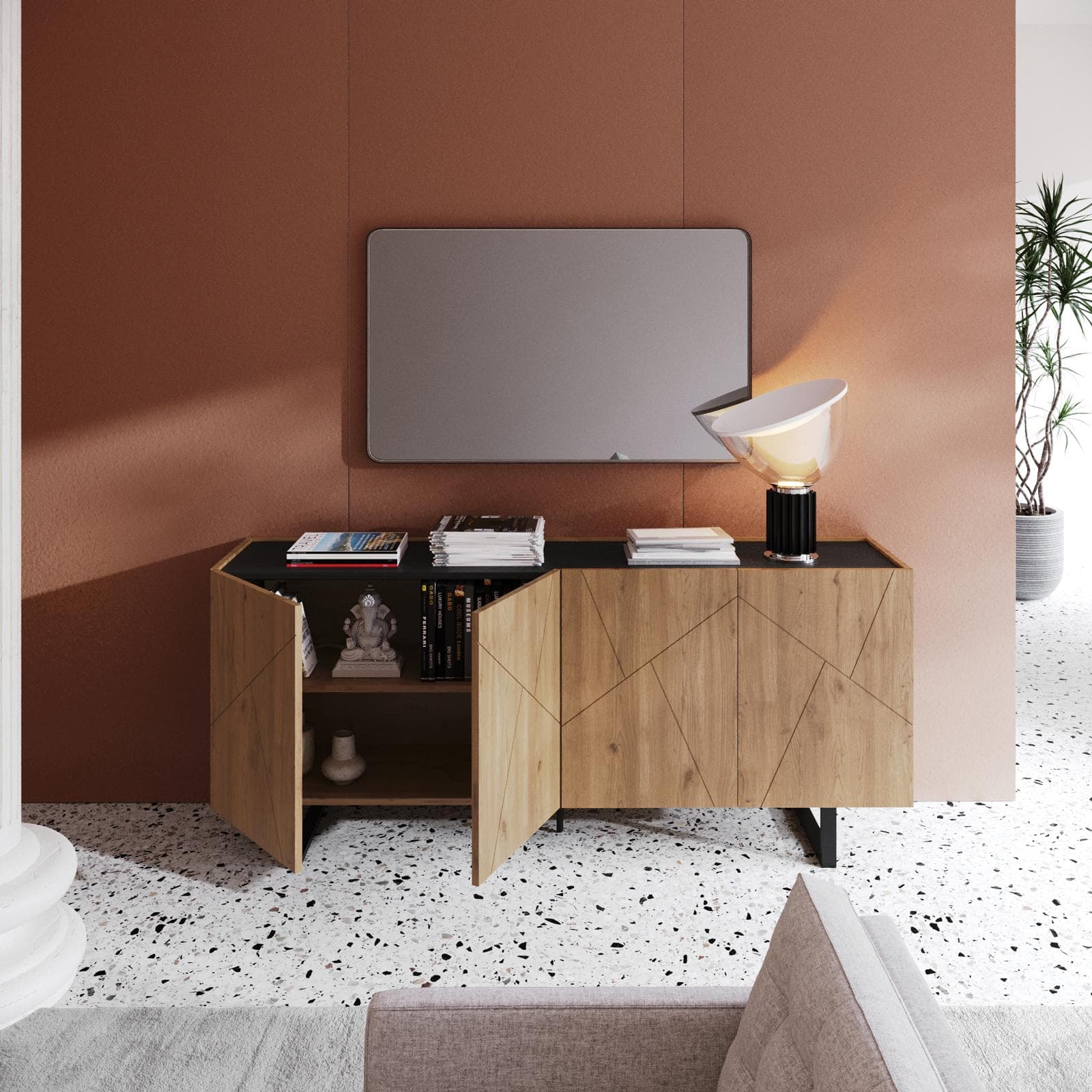 Madia 180x80h cm effetto rovere con 4 ante e intarsi geometrici - Naoko
