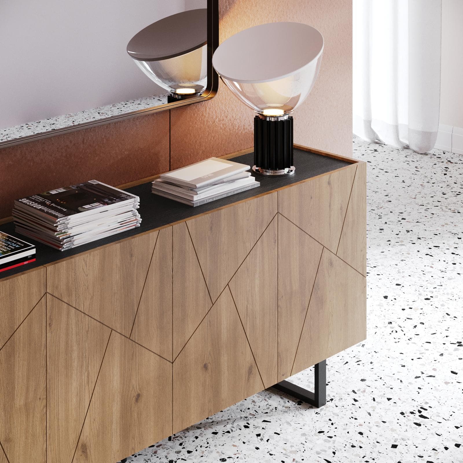 Madia 180x80h cm effetto rovere con 4 ante e intarsi geometrici - Naoko