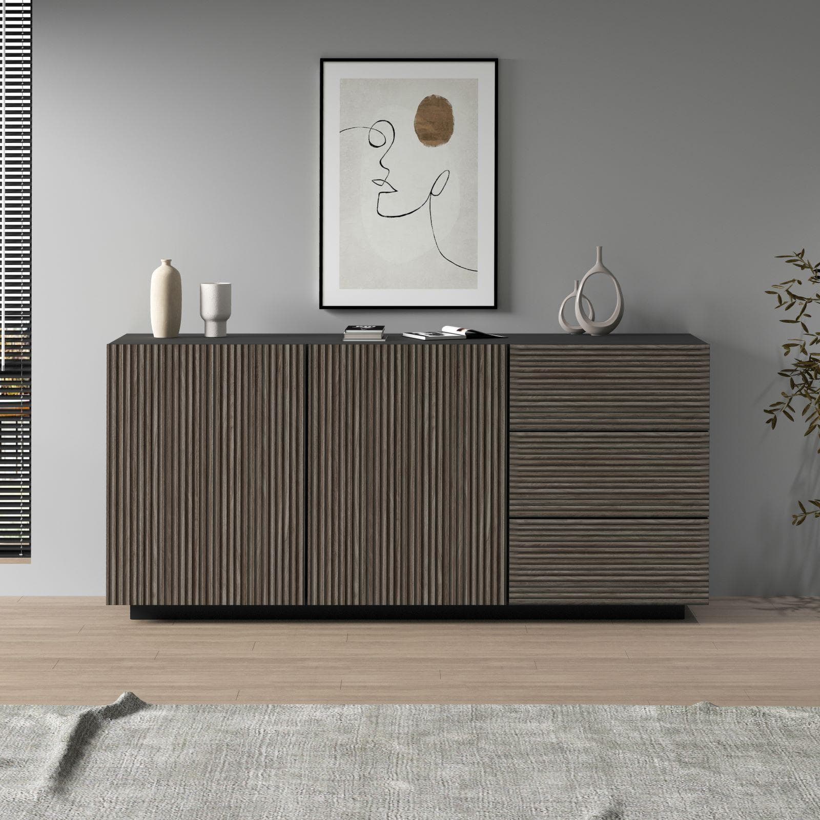 Madia 180x86h cm antracite opaco con 2 ante e 3 cassetti effetto legno scuro cannettato - Roots