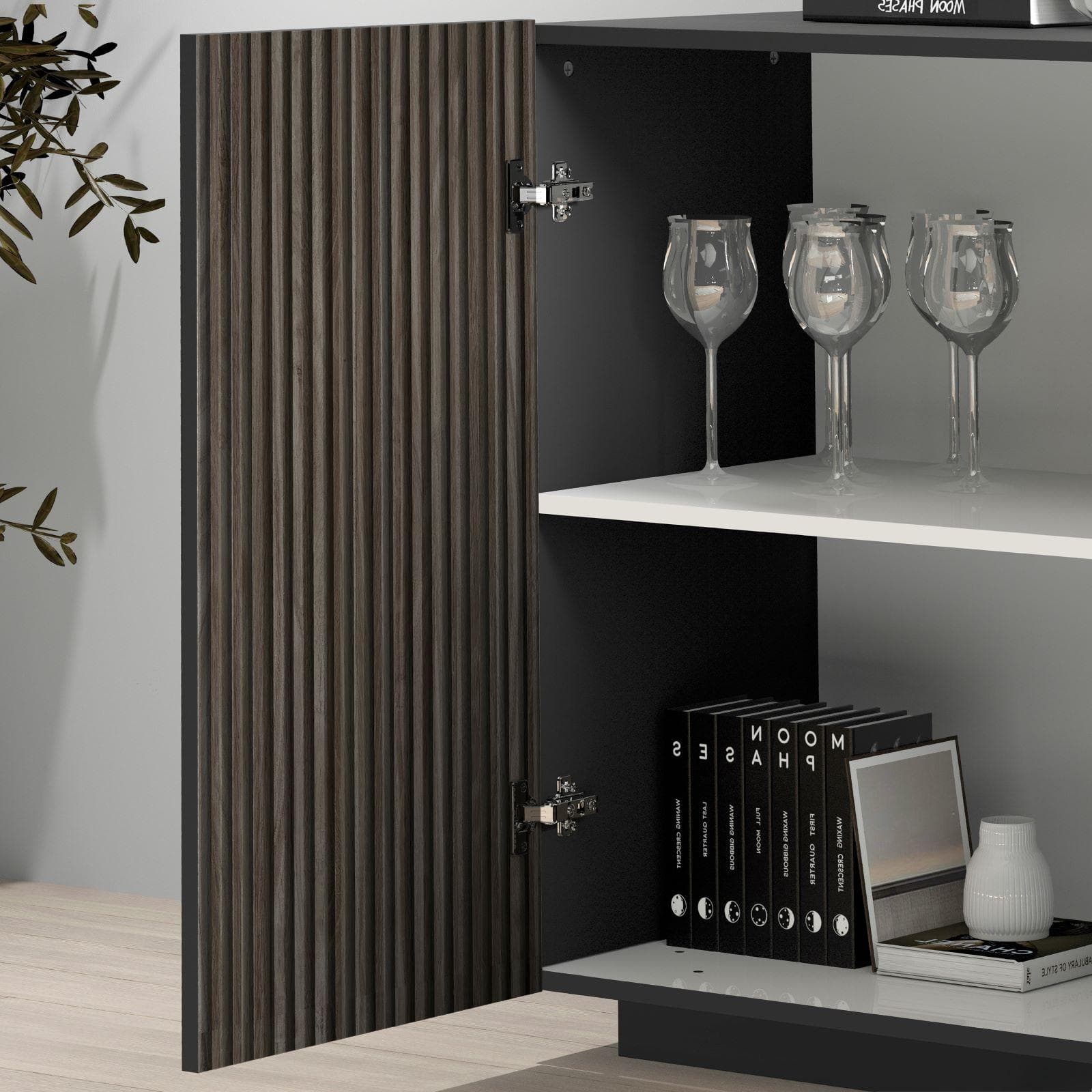 Madia 180x86h cm antracite opaco con 2 ante e 3 cassetti effetto legno scuro cannettato - Roots