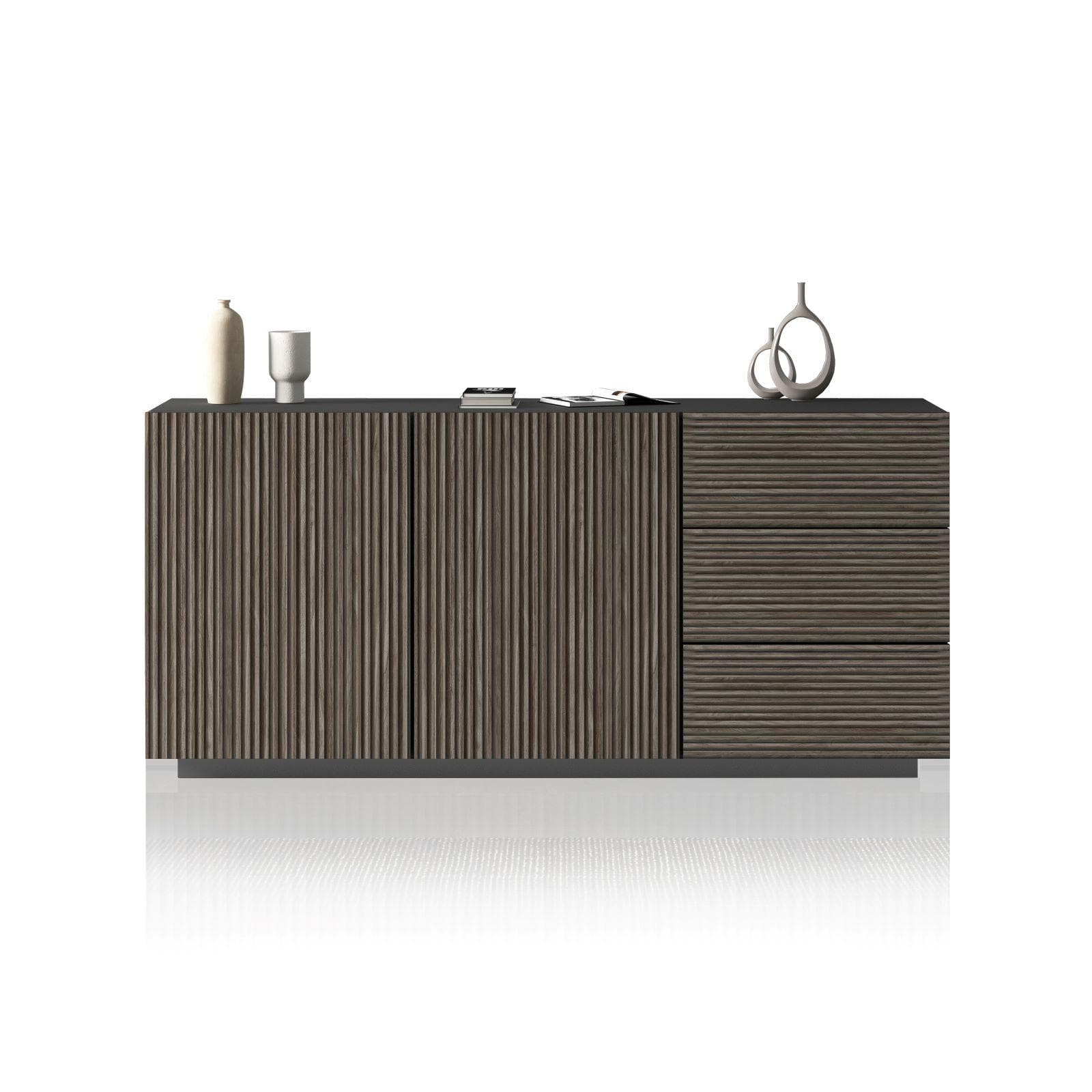 Madia 180x86h cm antracite opaco con 2 ante e 3 cassetti effetto legno scuro cannettato - Roots