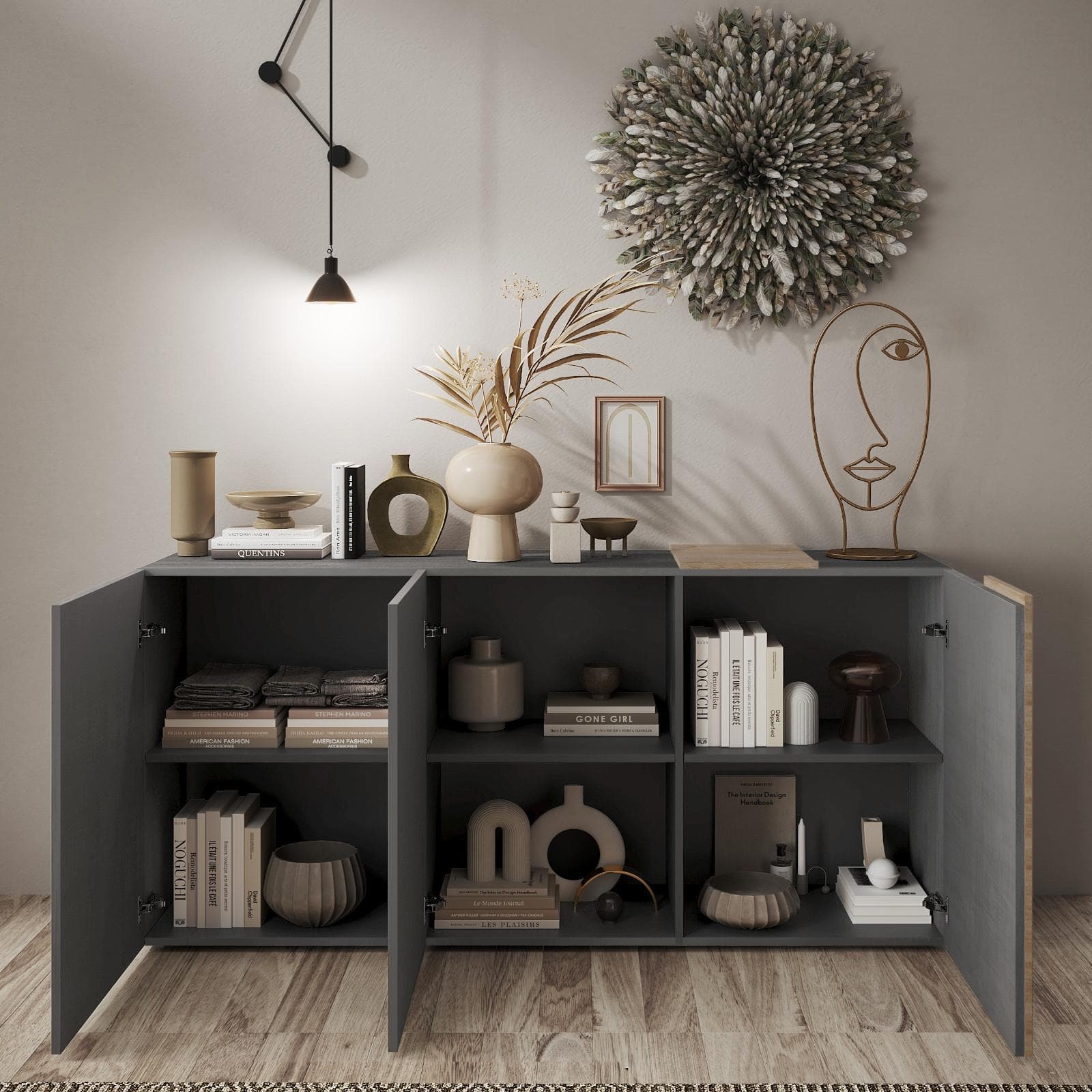 Madia 181 cm con tre ante titanio e rovere cadiz - Kendra