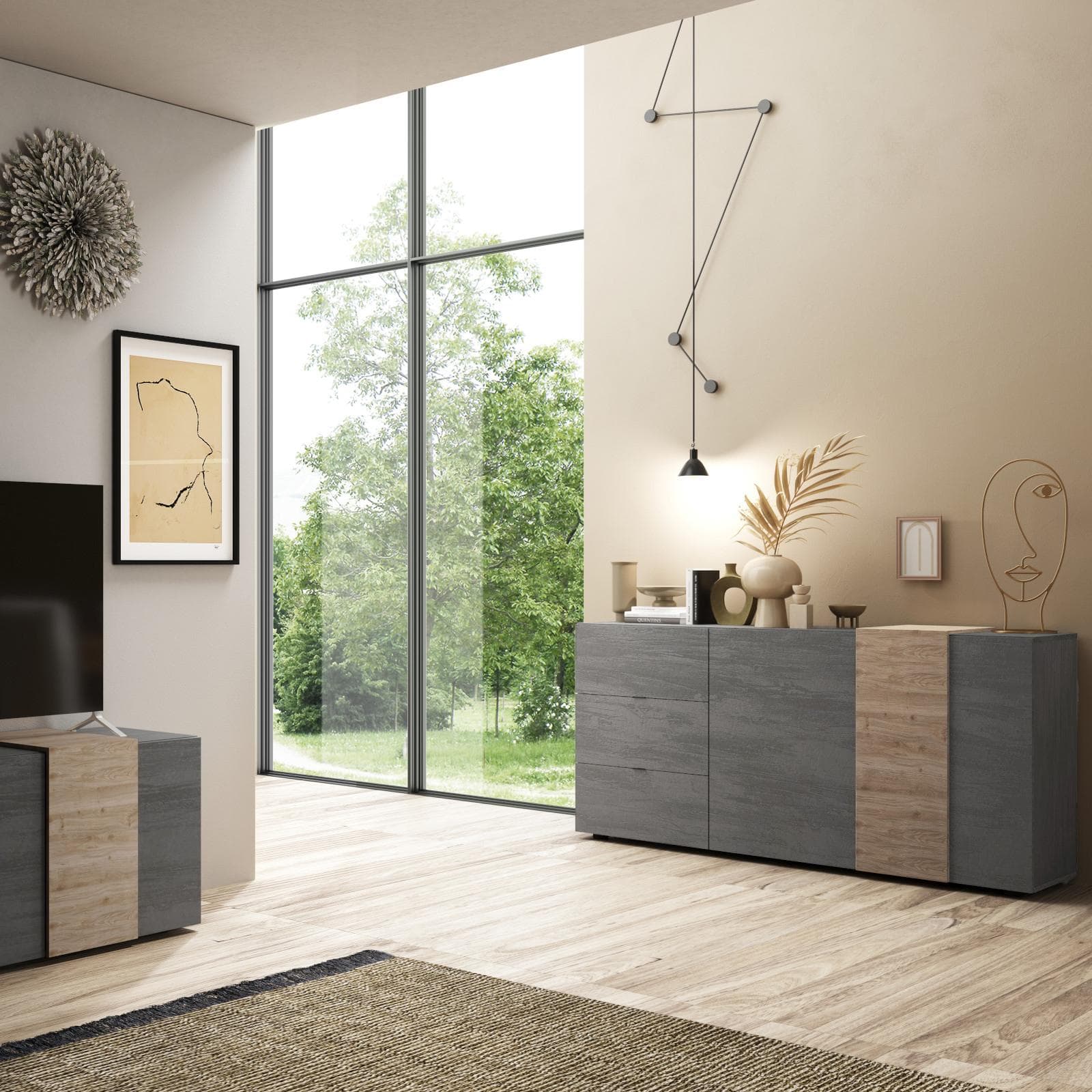 Madia 181 cm con tre ante titanio e rovere cadiz - Kendra