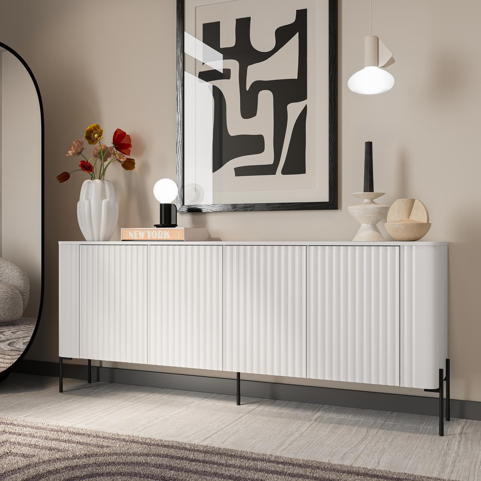Madia 190x80h cm bianco cannettato 4 ante e gambe in metallo nero con angoli stondati - Niclas