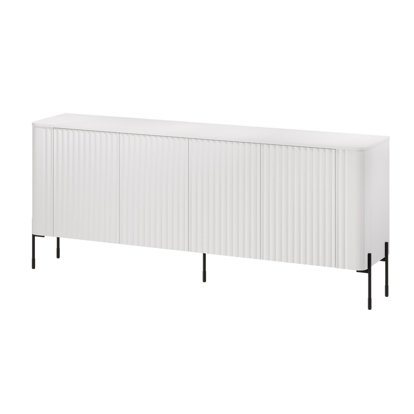 Madia 190x80h cm bianco cannettato 4 ante e gambe in metallo nero con angoli stondati - Niclas