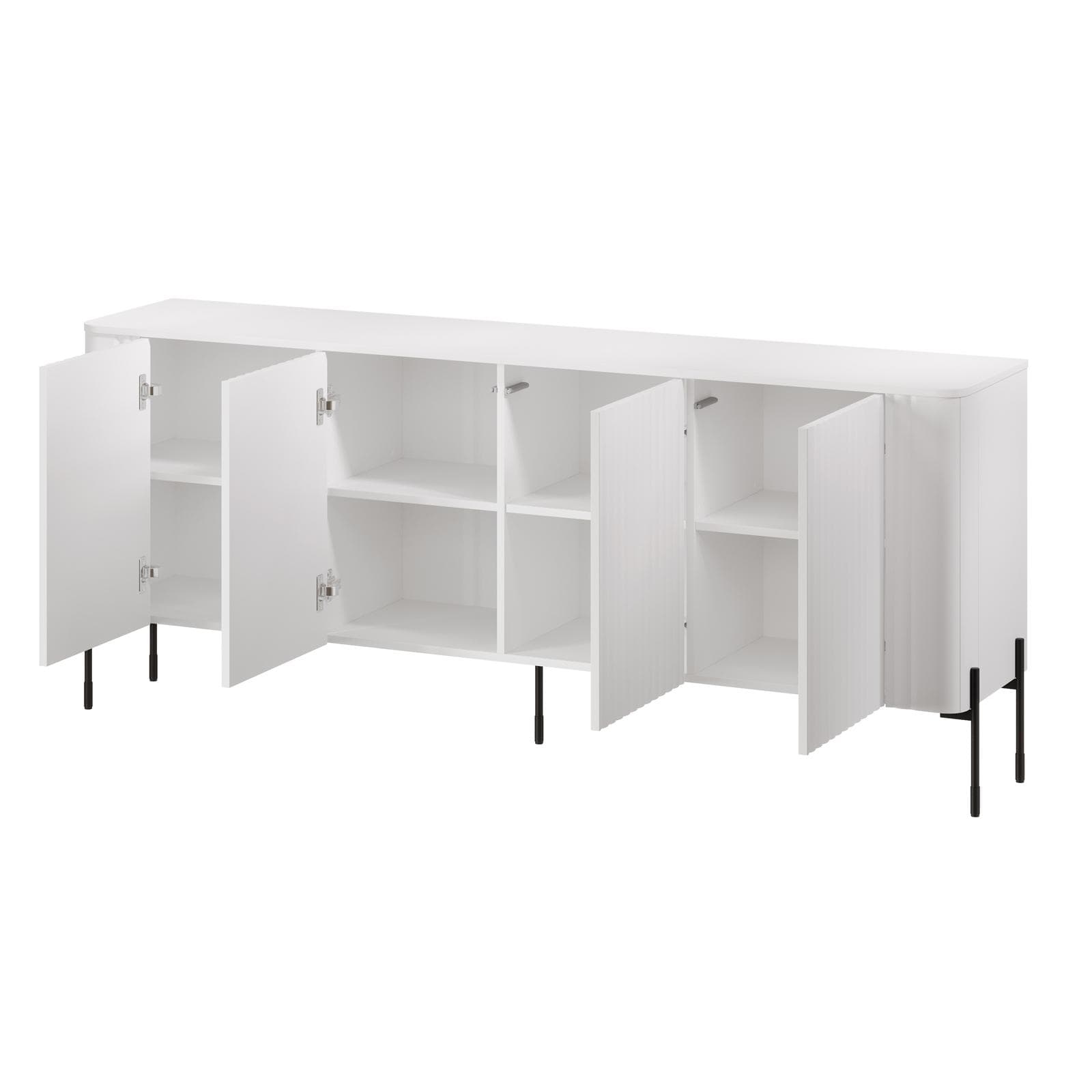 Madia 190x80h cm bianco cannettato 4 ante e gambe in metallo nero con angoli stondati - Niclas