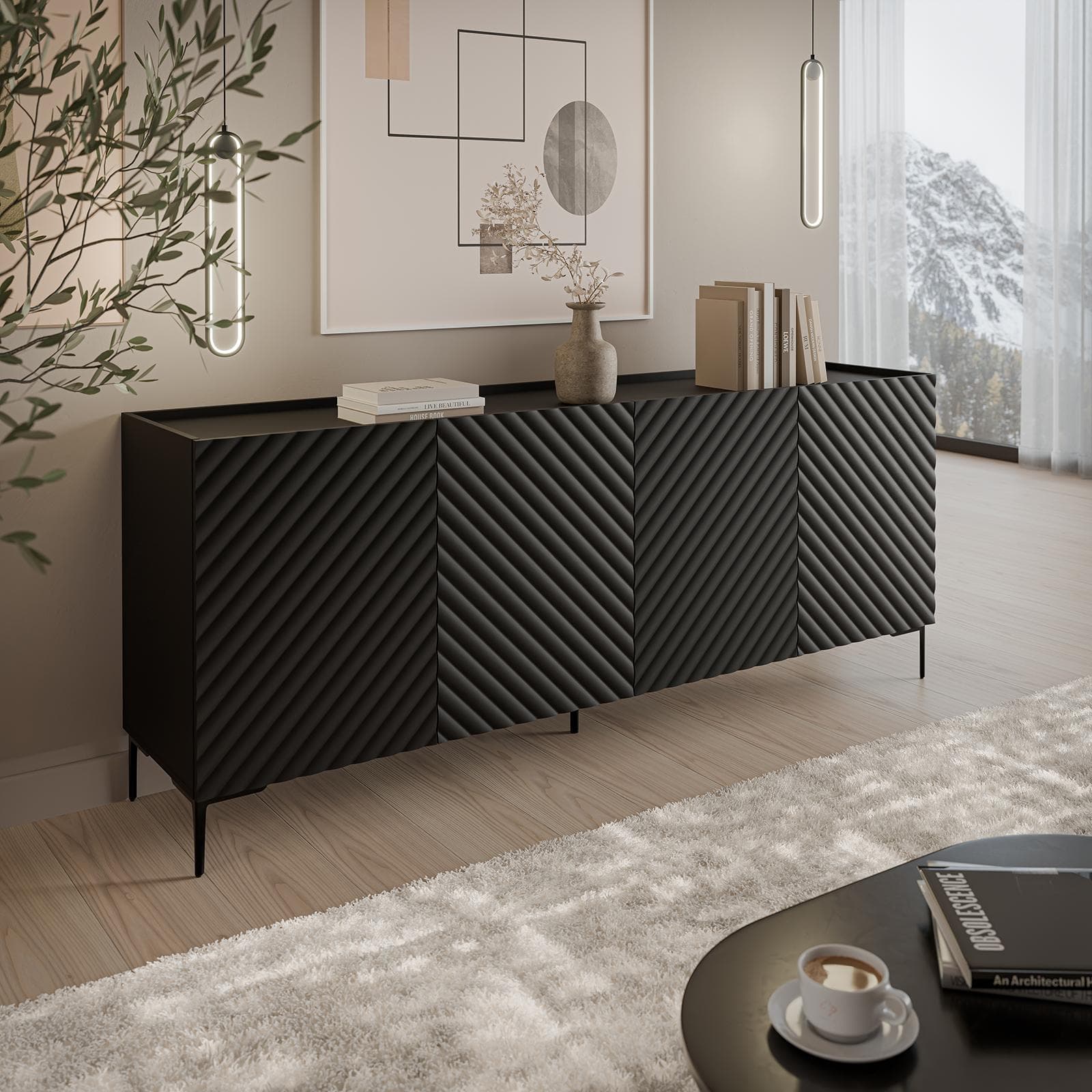 Madia 200x75h cm nero cannettato obliquo con piedi nero e 4 ante - Emerald