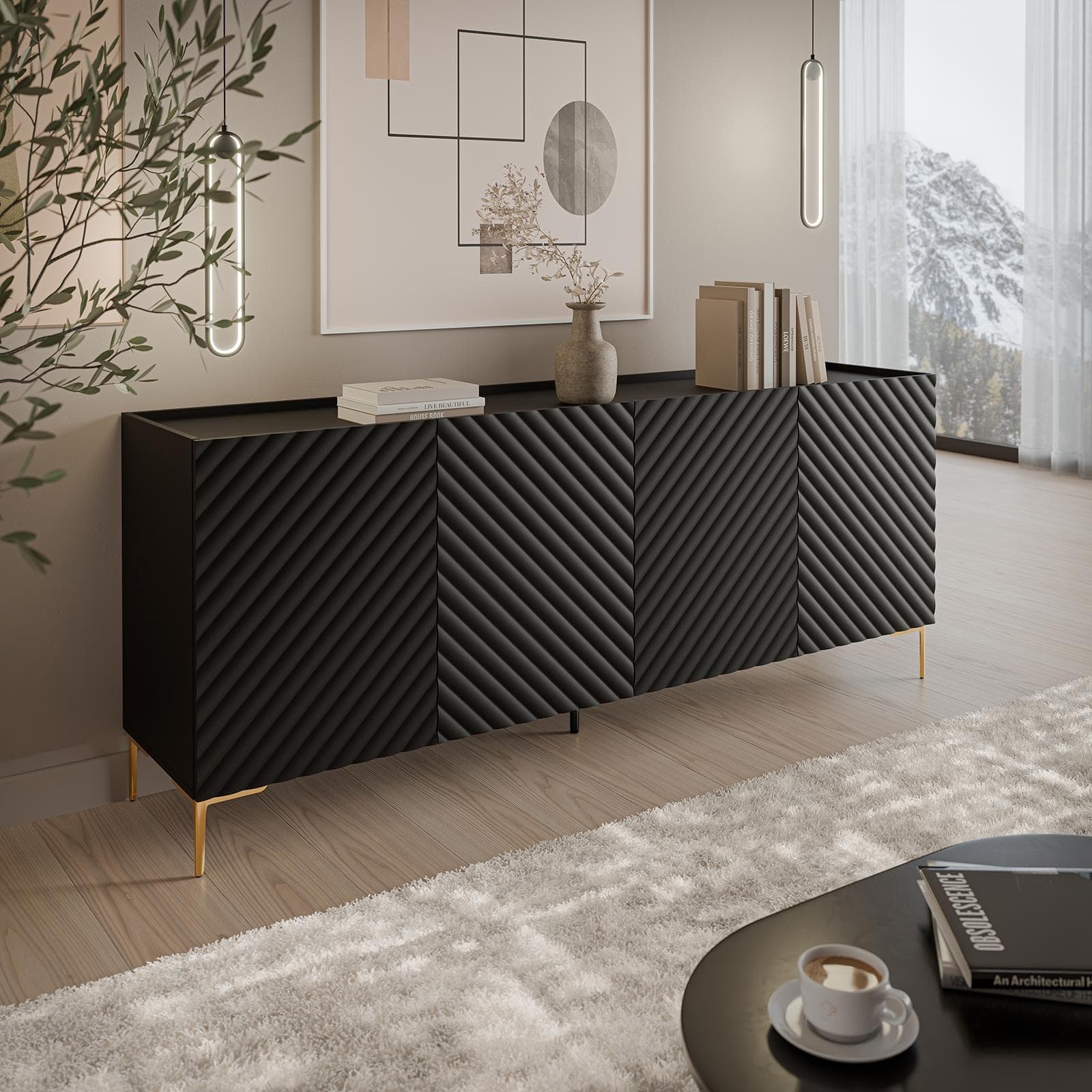 Madia 200x75h cm nero cannettato obliquo con piedi oro e 4 ante - Emerald