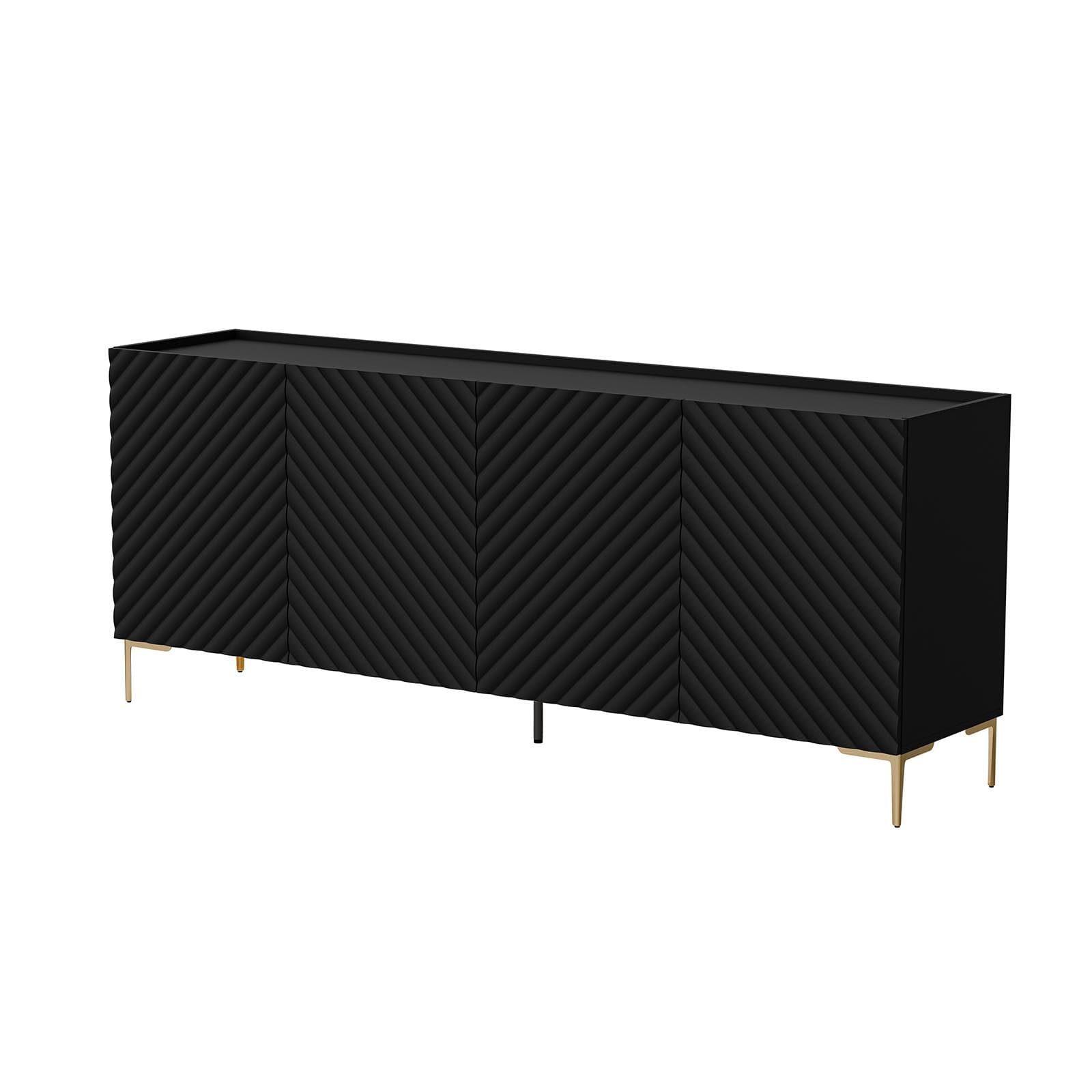 Madia 200x75h cm nero cannettato obliquo con piedi oro e 4 ante - Emerald