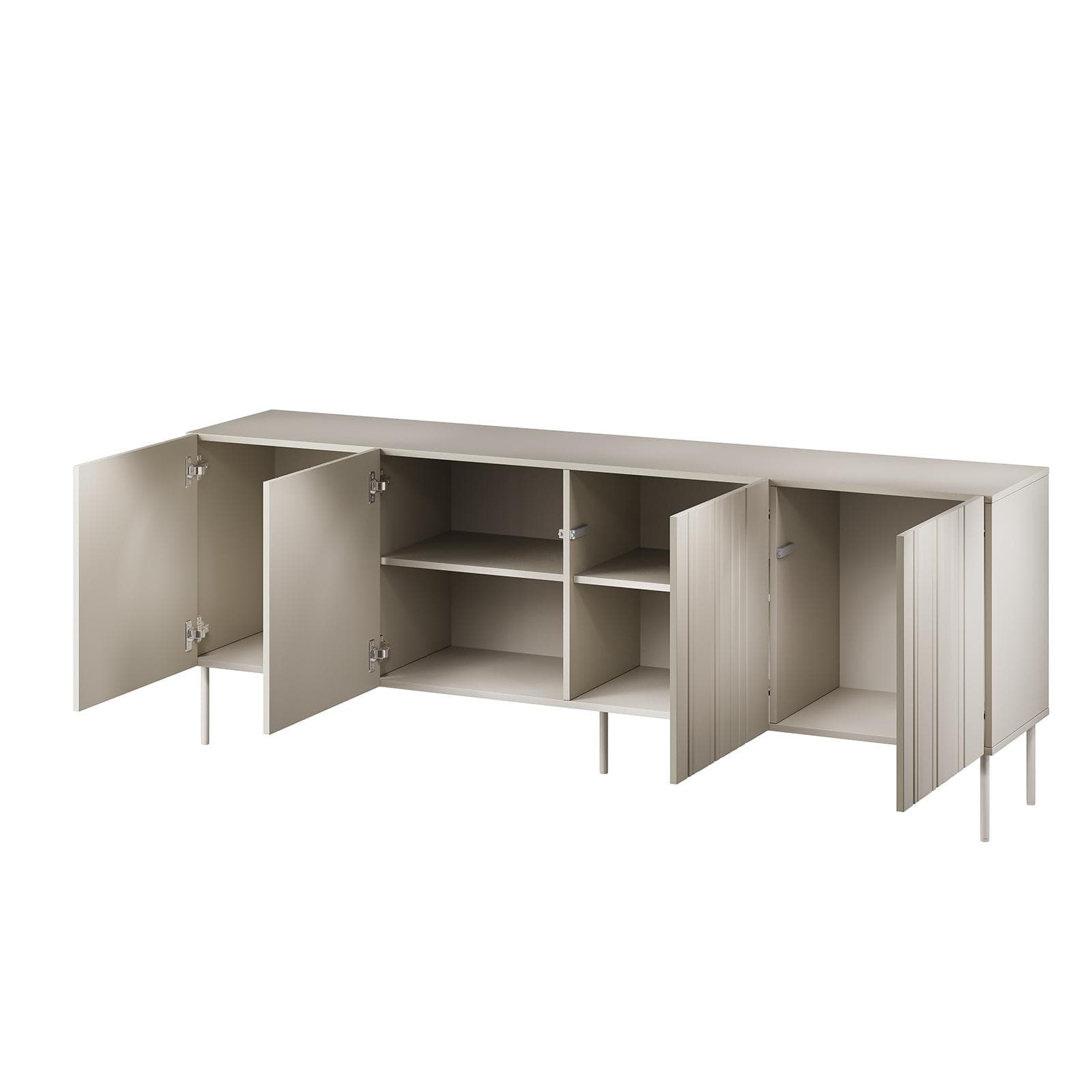 Madia 200x75h cm cashmere cannettato alternato con 4 ante e piedi in metallo finitura opaca - Gladys