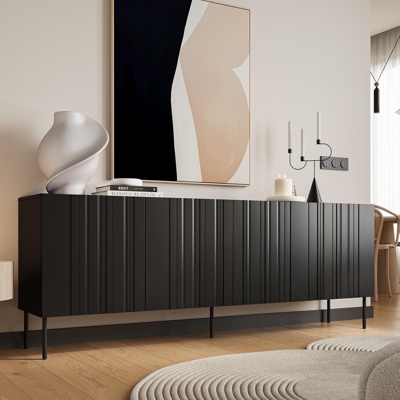 Madia 200x75h cm nero cannettato alternato con 4 ante e piedi in metallo finitura opaca - Gladys