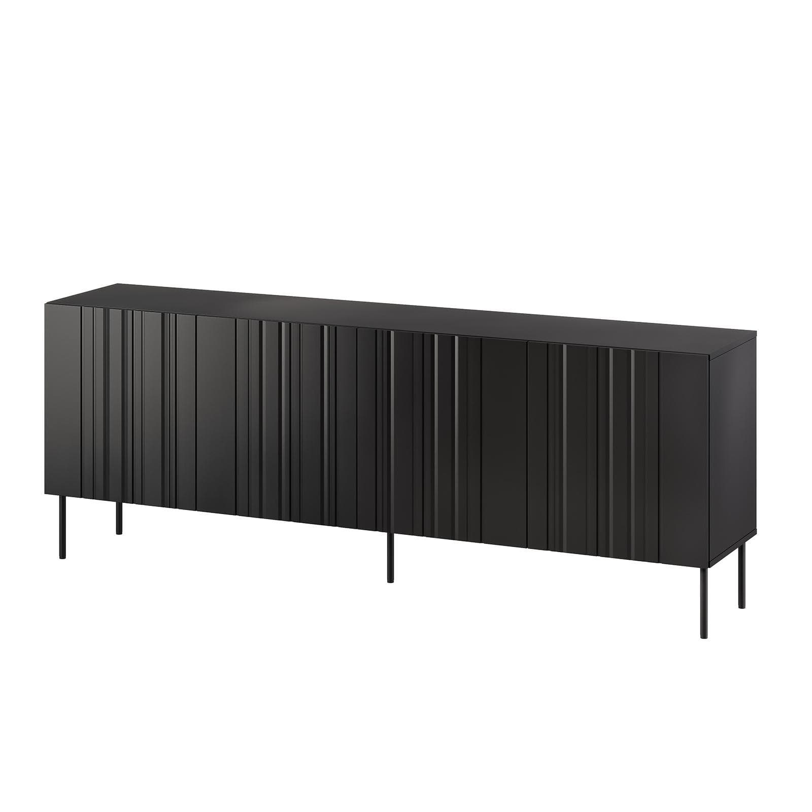Madia 200x75h cm nero cannettato alternato con 4 ante e piedi in metallo finitura opaca - Gladys