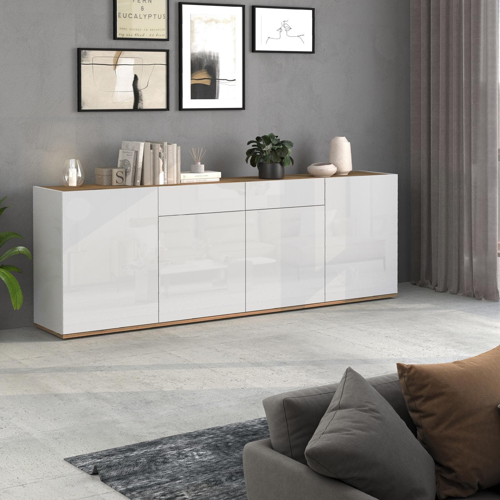 Madia 200x72h cm bianco lucido top rovere wotan con 4 ante e 2 cassetti - Loira