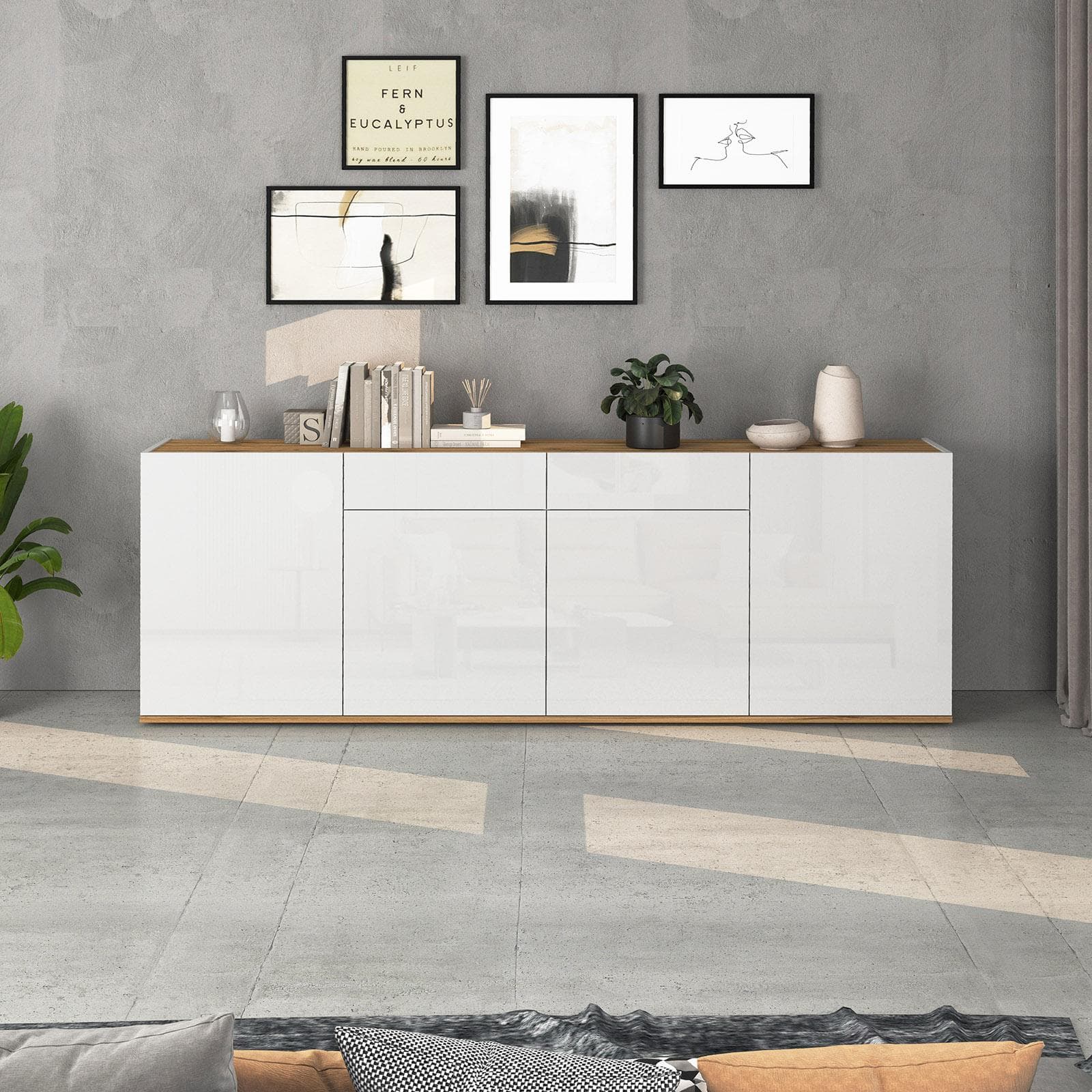 Madia 200x72h cm bianco lucido top rovere wotan con 4 ante e 2 cassetti - Loira