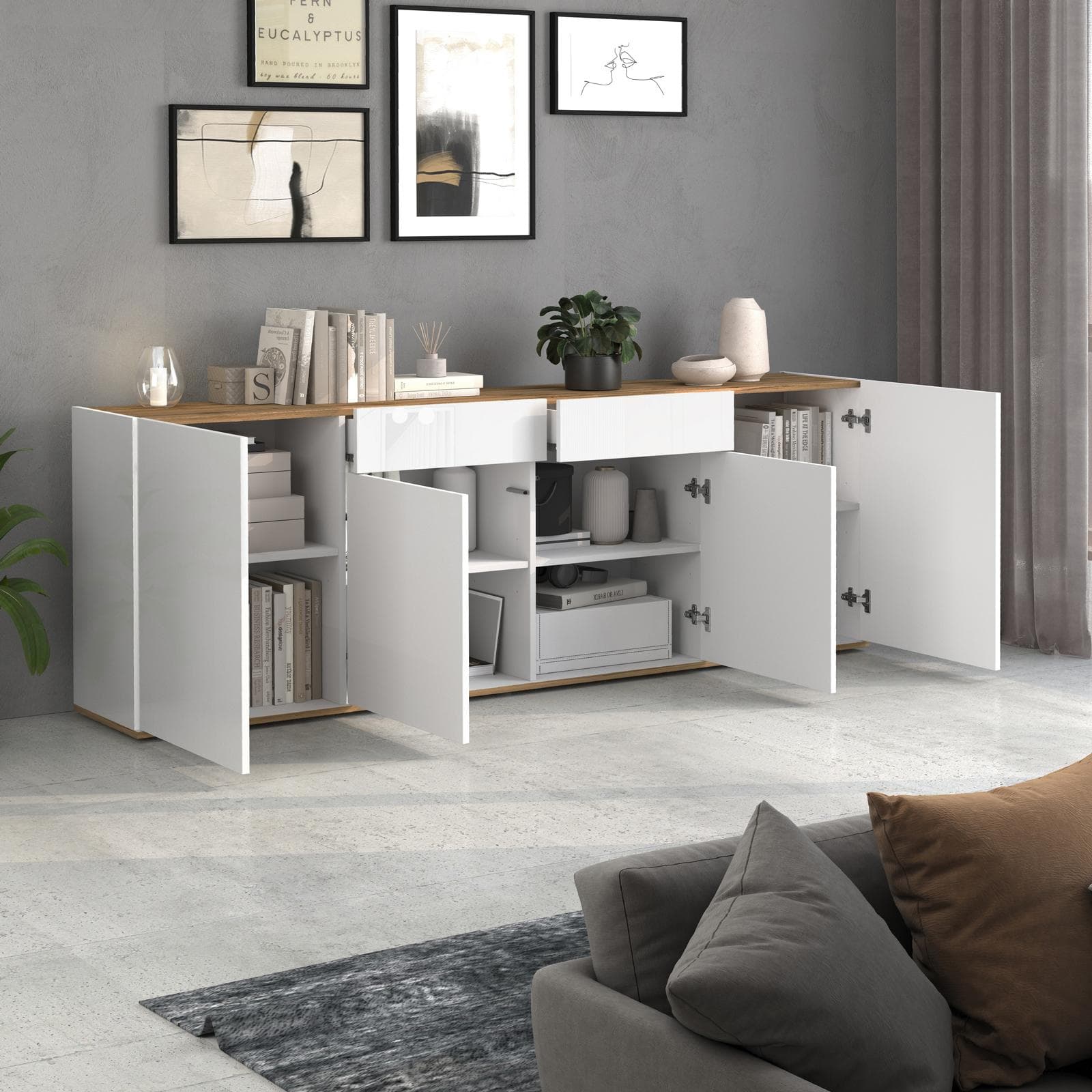 Madia 200x72h cm bianco lucido top rovere wotan con 4 ante e 2 cassetti - Loira