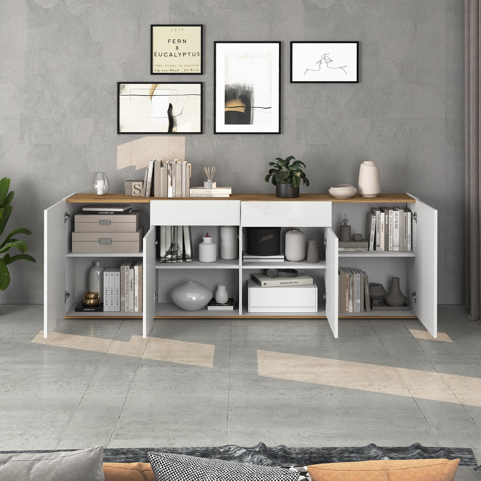 Madia 200x72h cm bianco lucido top rovere wotan con 4 ante e 2 cassetti - Loira