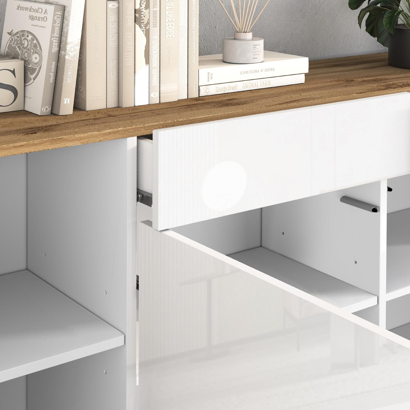 Madia 200x72h cm bianco lucido top rovere wotan con 4 ante e 2 cassetti - Loira