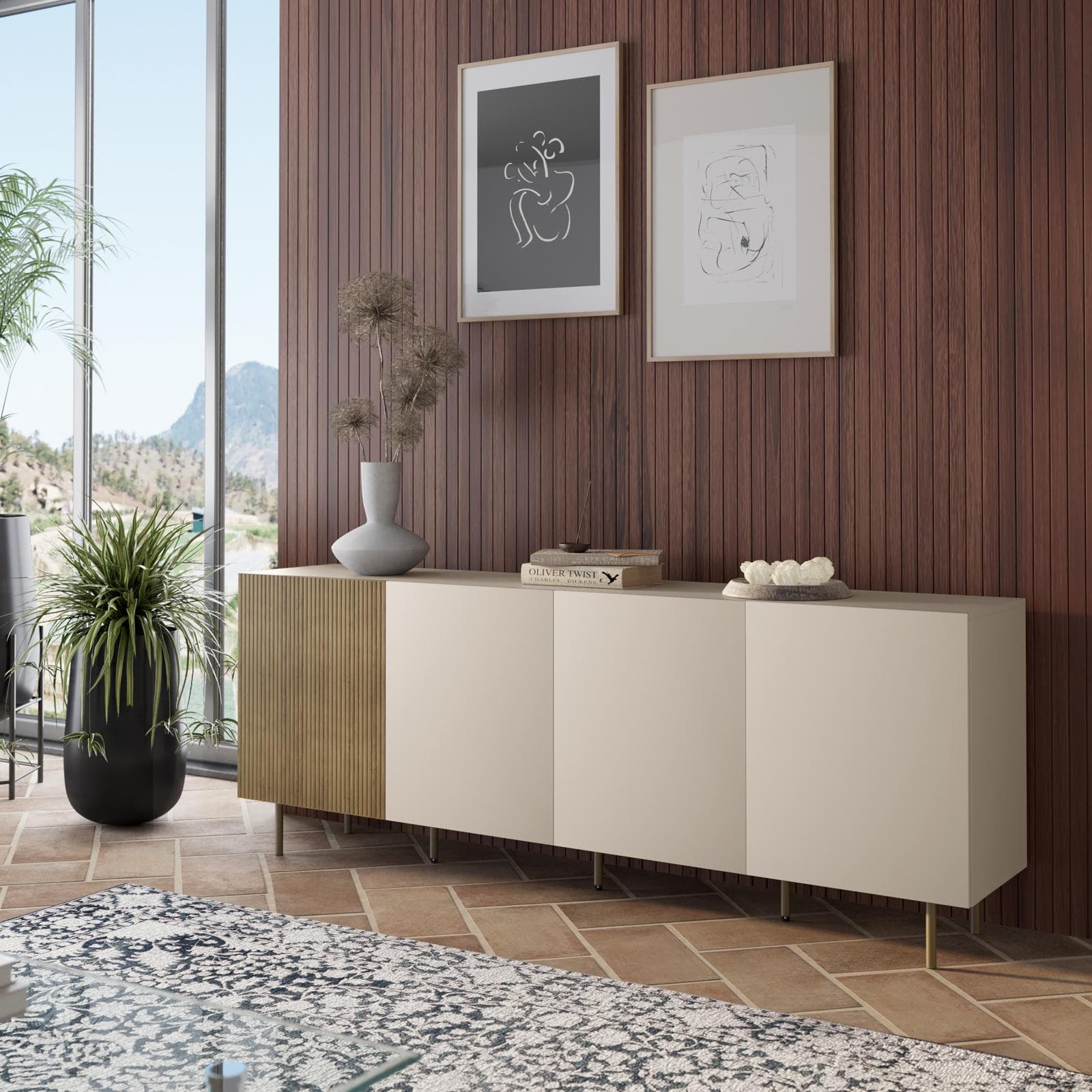 Madia 200x75h cm cashmere e rovere albini cannettato con 4 ante e gambe oro opaco - Zelma