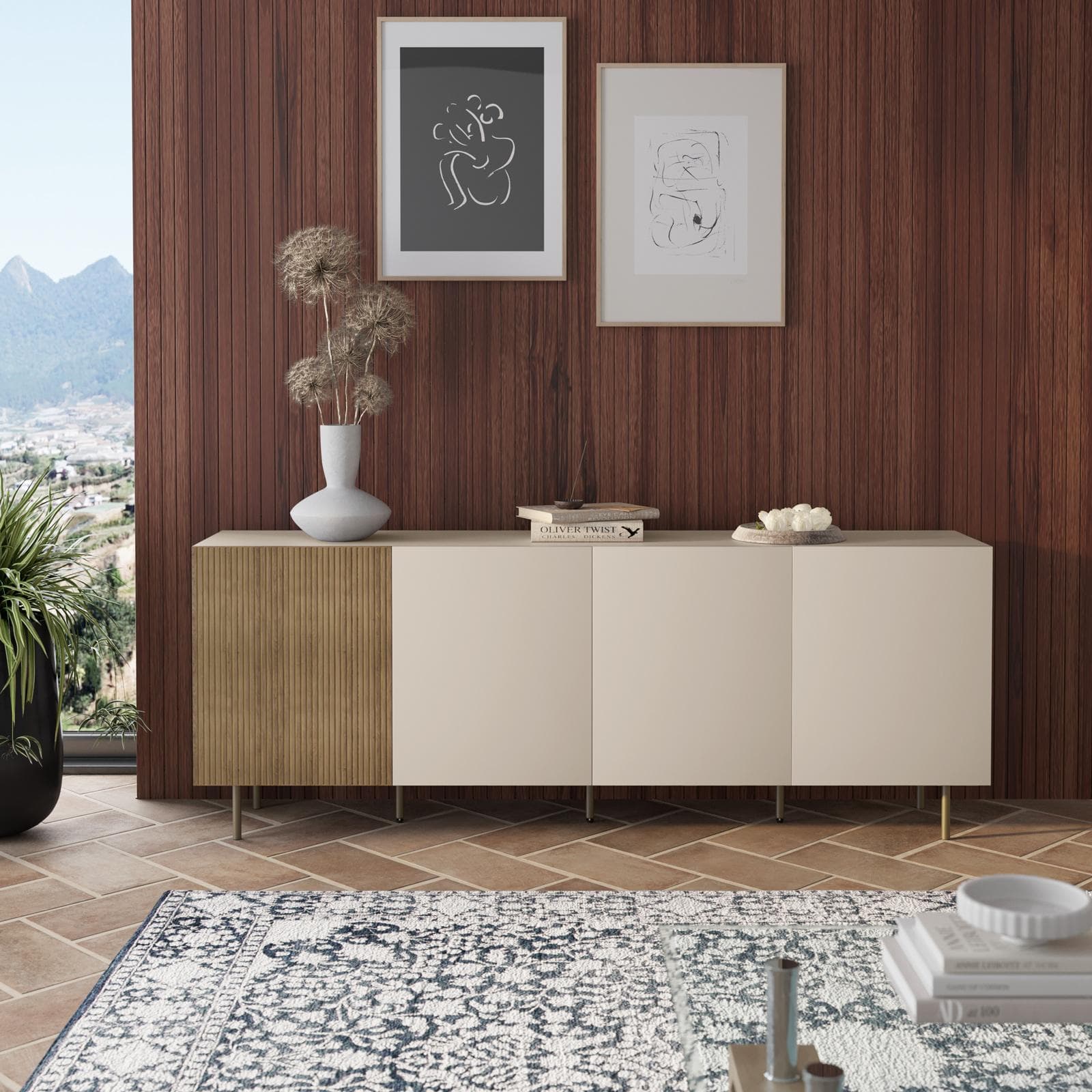 Madia 200x75h cm cashmere e rovere albini cannettato con 4 ante e gambe oro opaco - Zelma