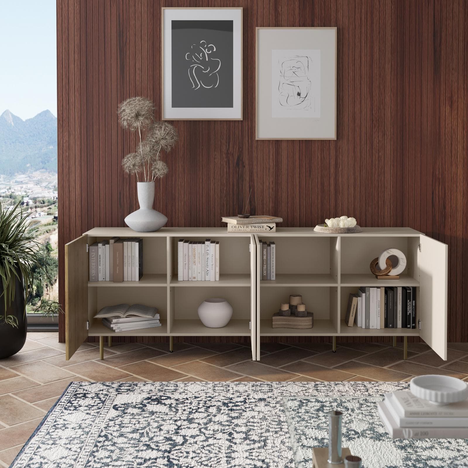 Madia 200x75h cm cashmere e rovere albini cannettato con 4 ante e gambe oro opaco - Zelma