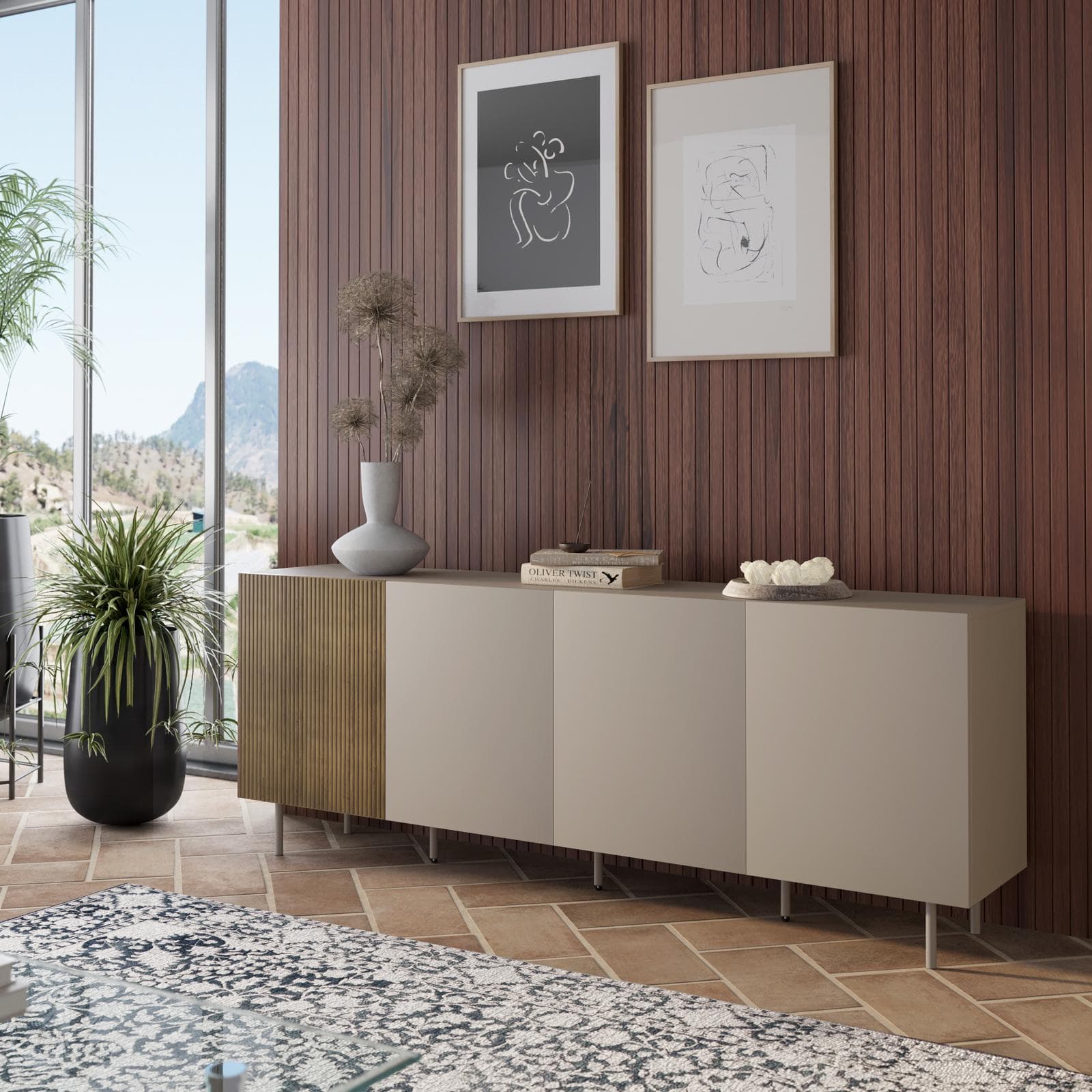 Madia 200x75h cm tortora e rovere millennium cannettato con 4 ante e gambe tortora - Zelma