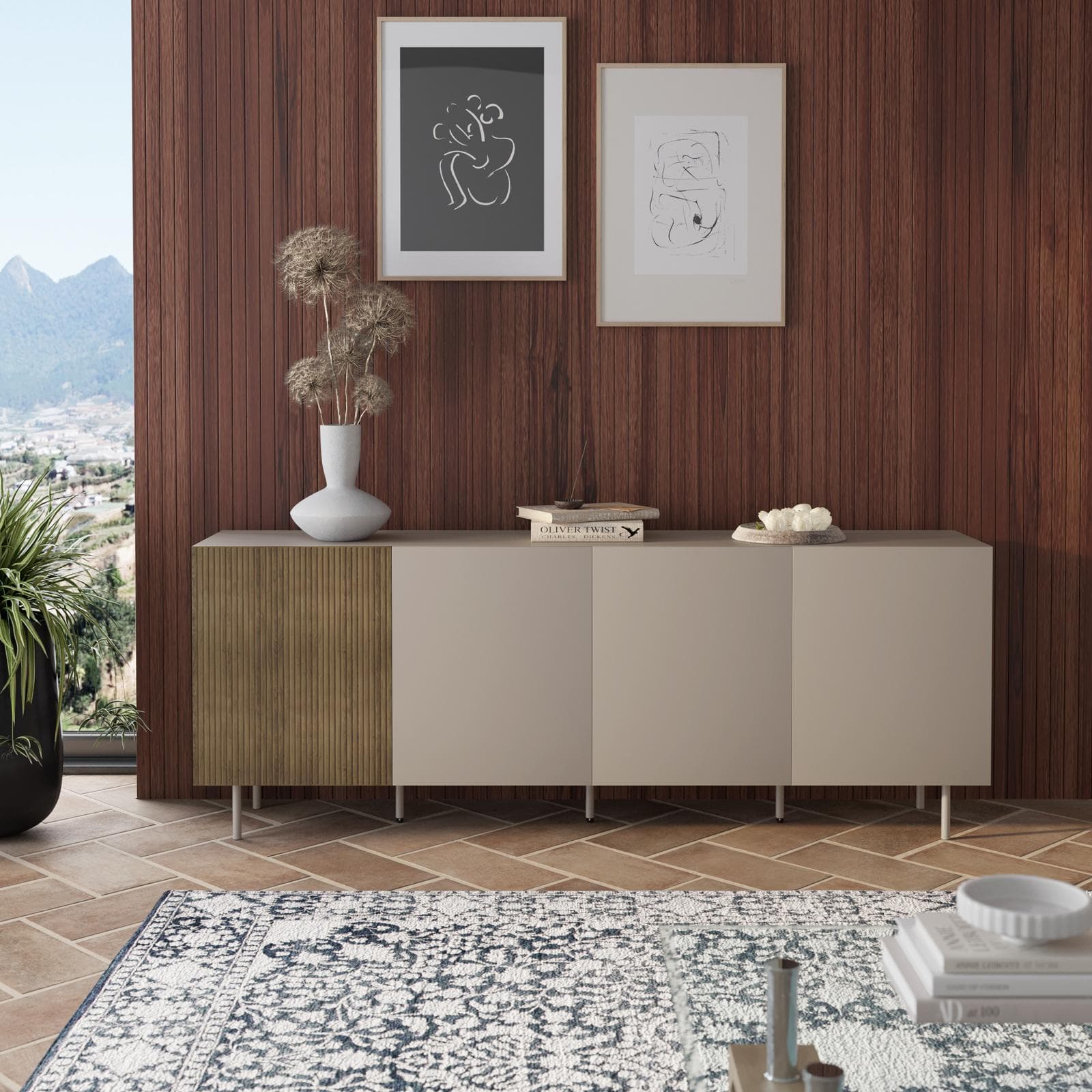 Madia 200x75h cm tortora e rovere millennium cannettato con 4 ante e gambe tortora - Zelma