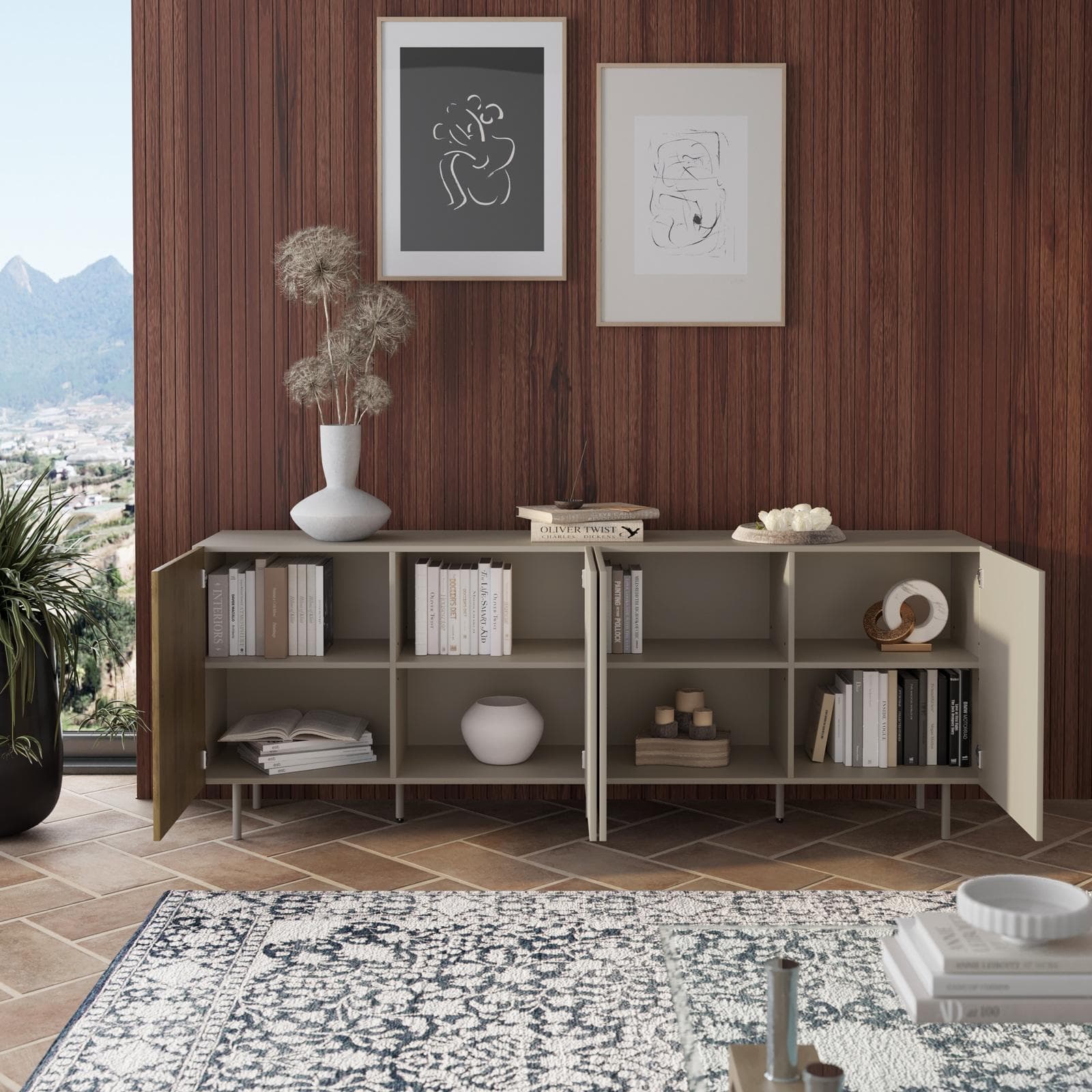 Madia 200x75h cm tortora e rovere millennium cannettato con 4 ante e gambe tortora - Zelma