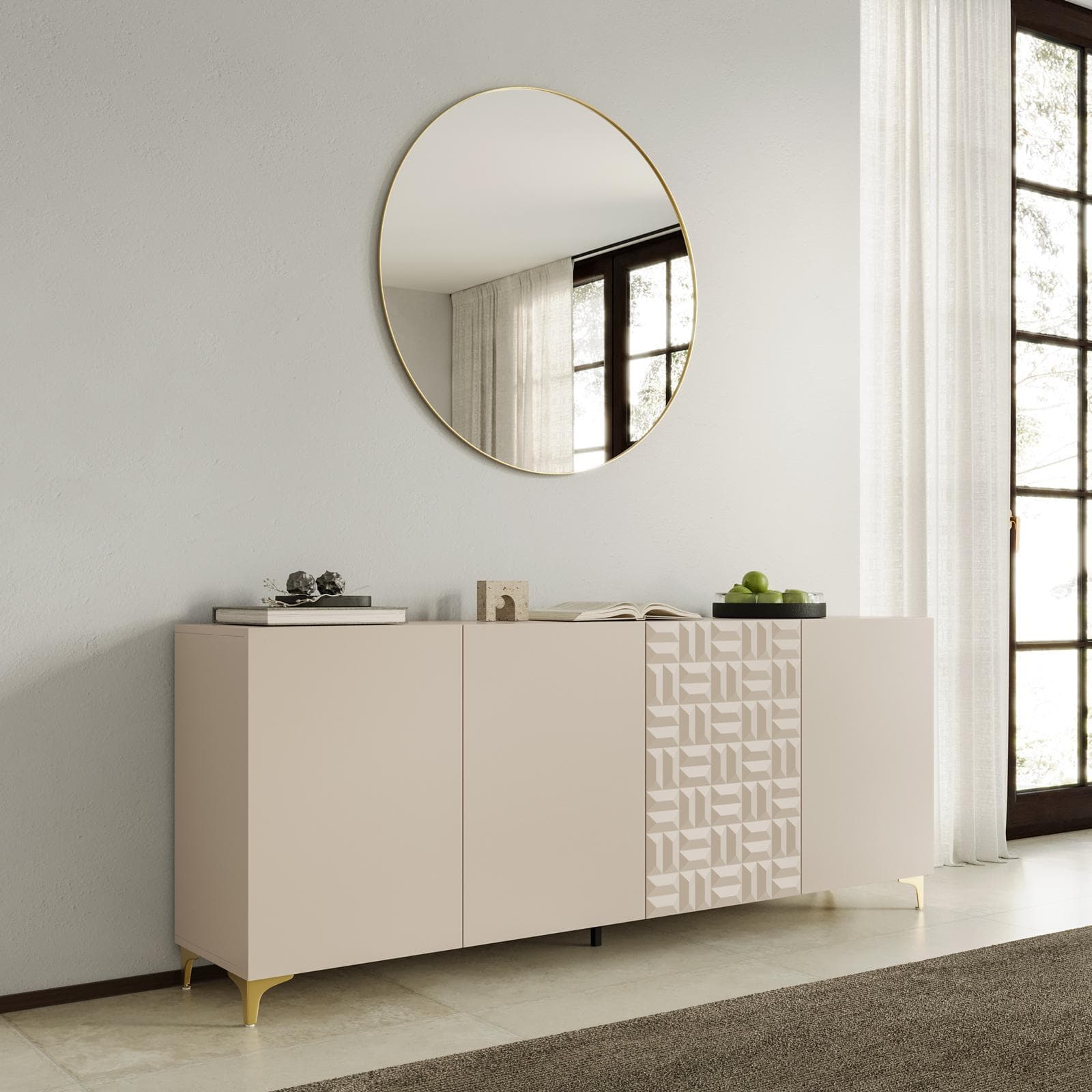 Madia 200x83h cm cashmere con 4 ante e gambe oro opaco - Thico