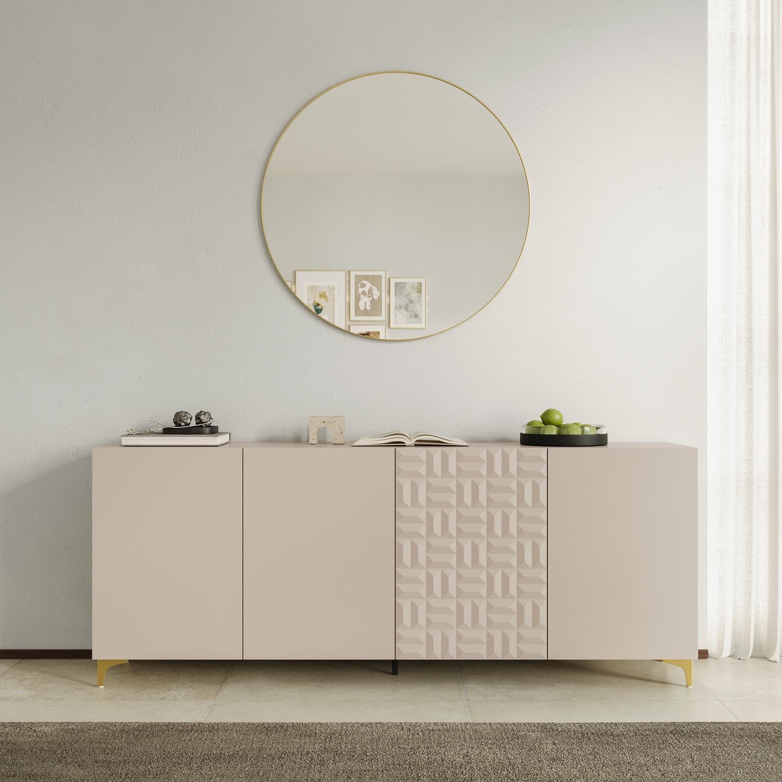 Madia 200x83h cm cashmere con 4 ante e gambe oro opaco - Thico