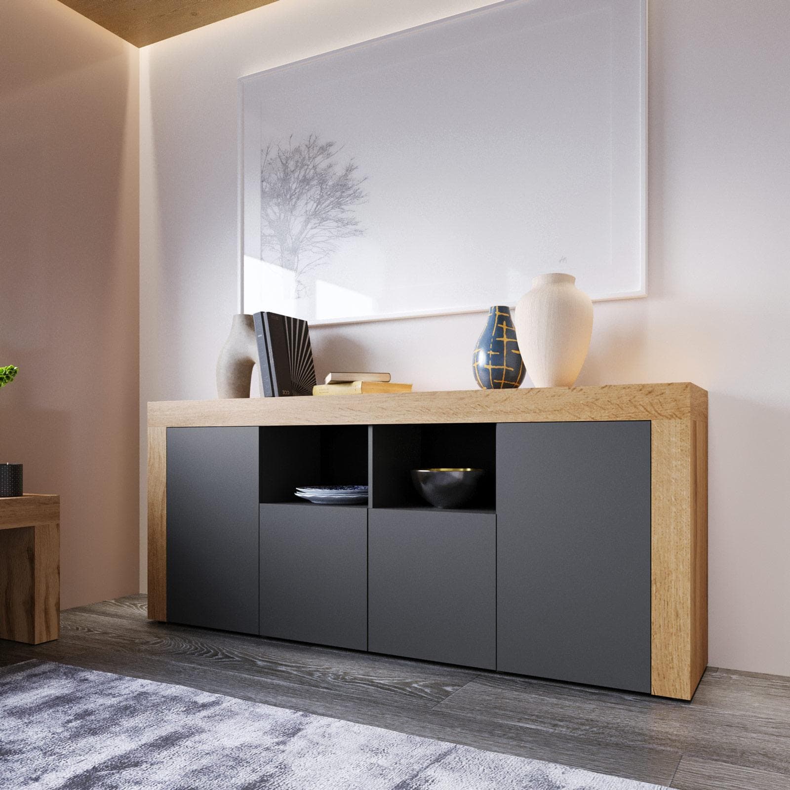 Madia 200x85h cm con 4 ante antracite opaco e rovere wotan - Kayros