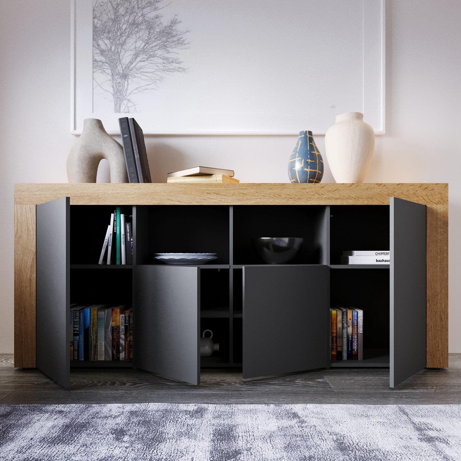 Madia 200x85h cm con 4 ante antracite opaco e rovere wotan - Kayros