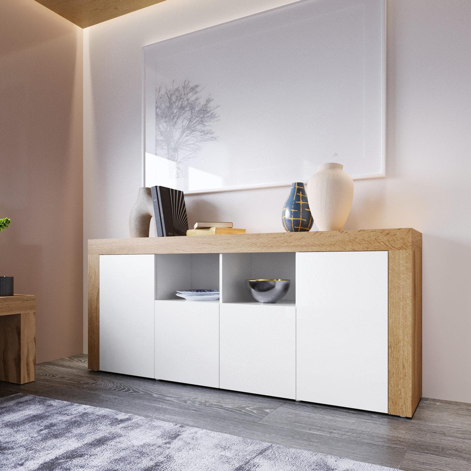 Madia 200x85h cm con 4 ante bianco lucido e rovere wotan - Kayros
