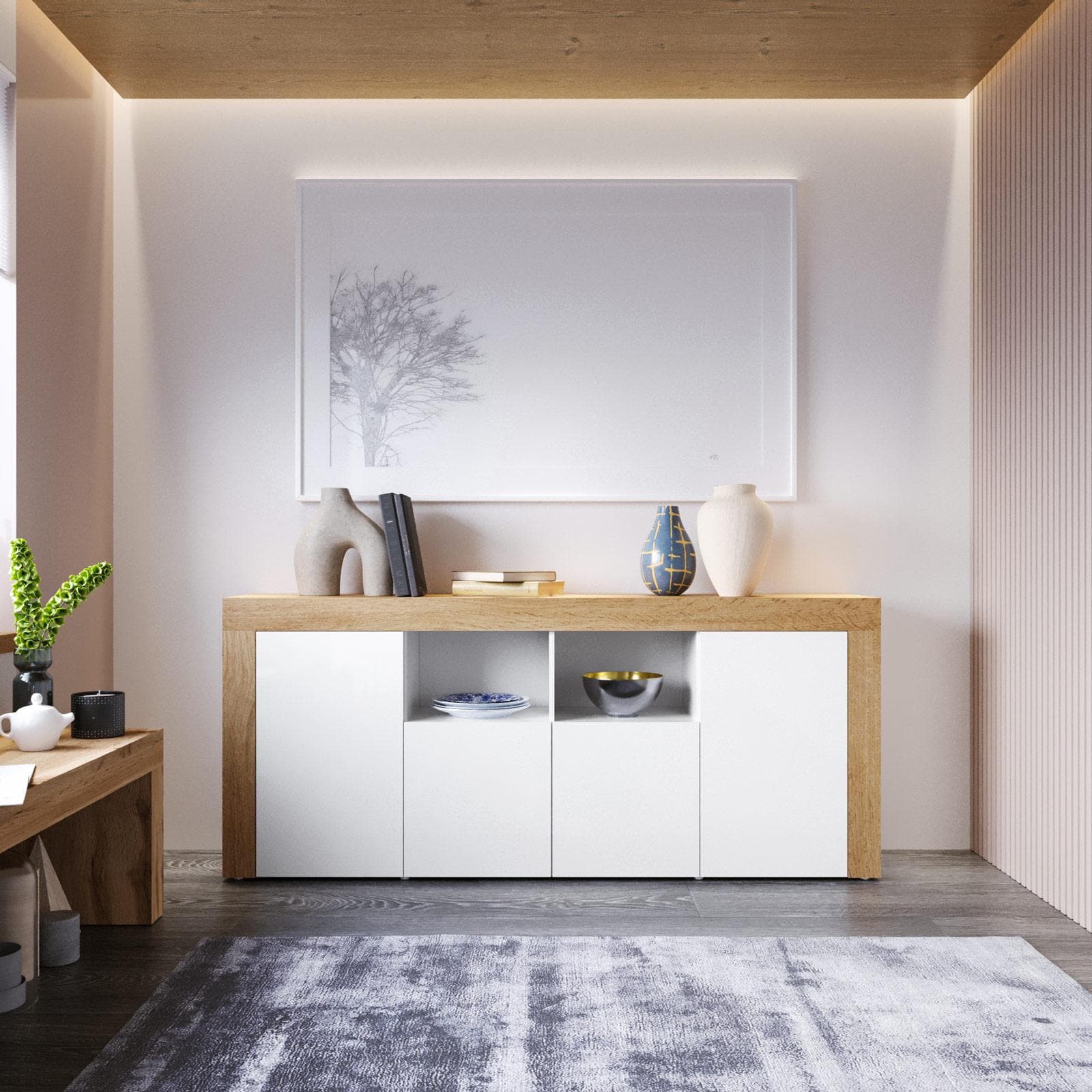 Madia 200x85h cm con 4 ante bianco lucido e rovere wotan - Kayros