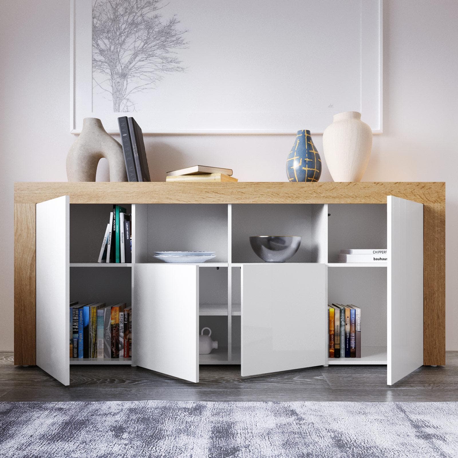 Madia 200x85h cm con 4 ante bianco lucido e rovere wotan - Kayros