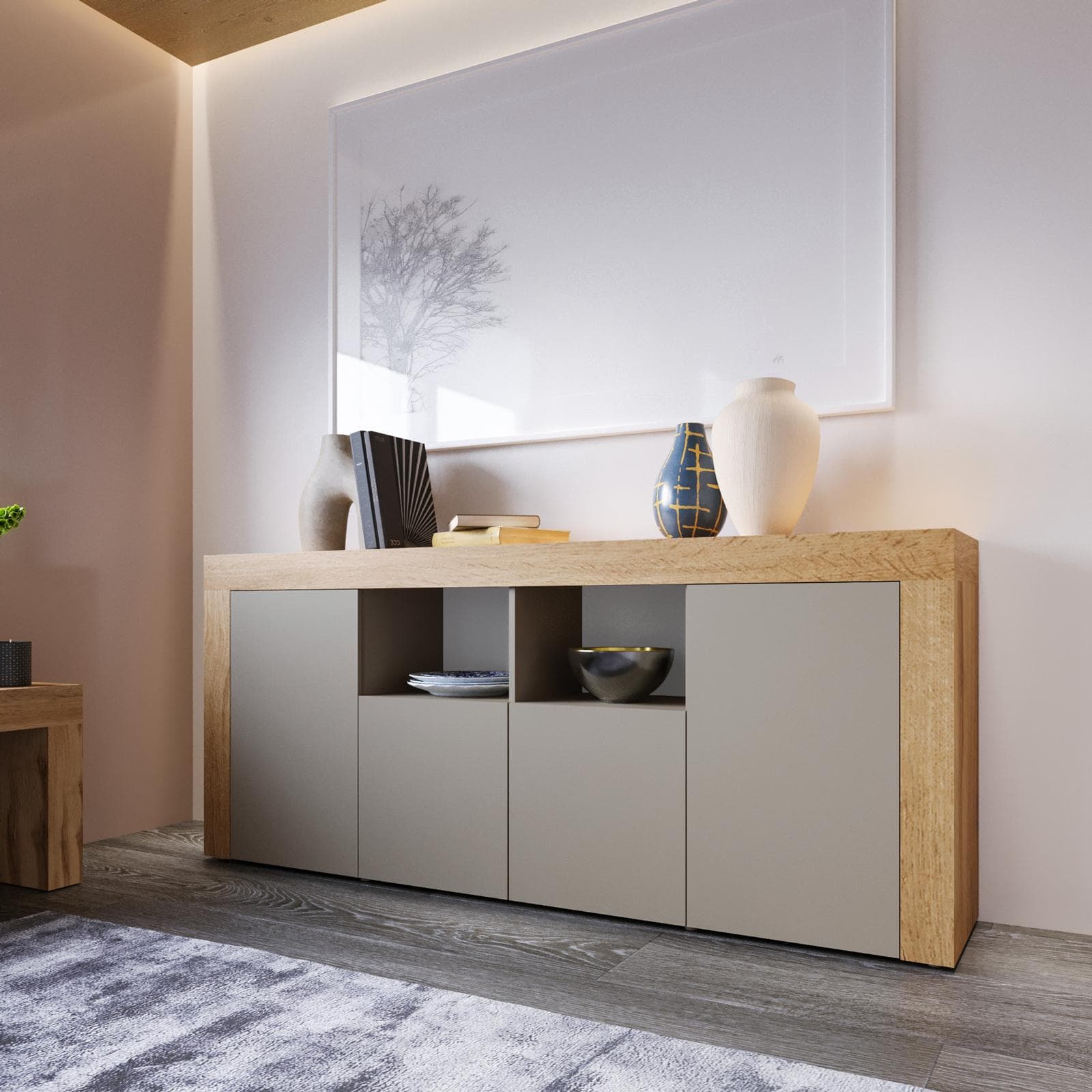 Madia 200x85h cm con 4 ante tortora opaco e rovere wotan - Kayros