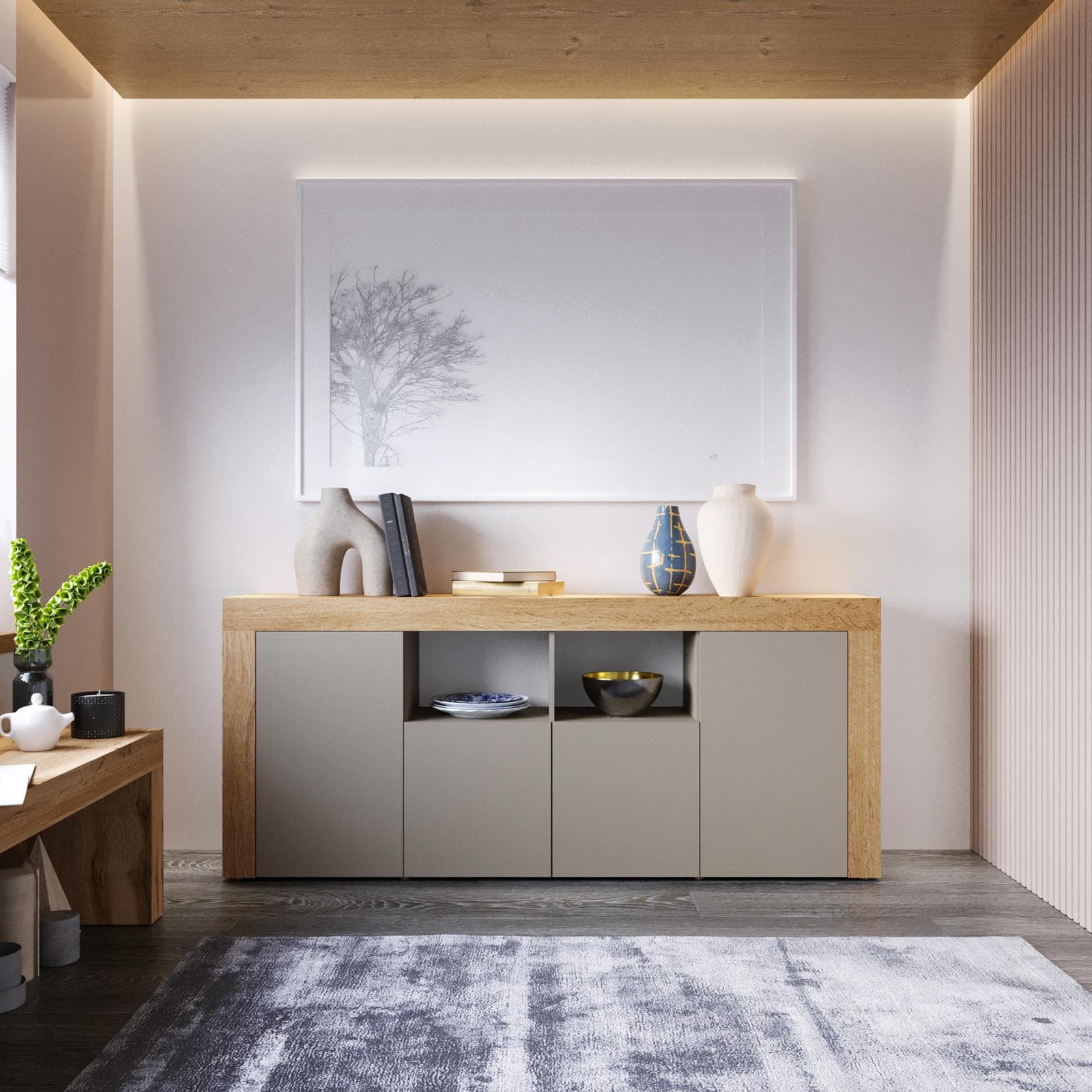 Madia 200x85h cm con 4 ante tortora opaco e rovere wotan - Kayros