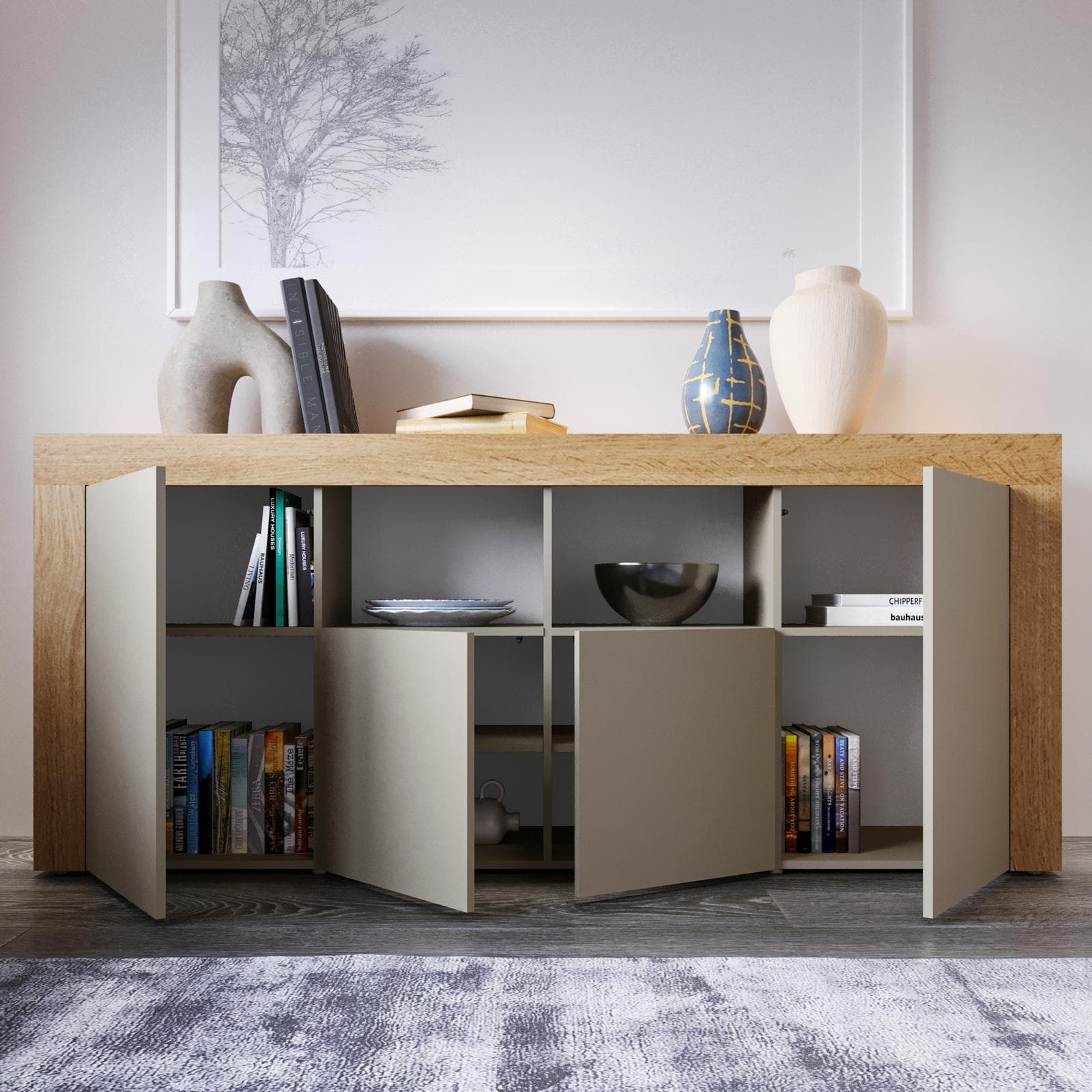 Madia 200x85h cm con 4 ante tortora opaco e rovere wotan - Kayros