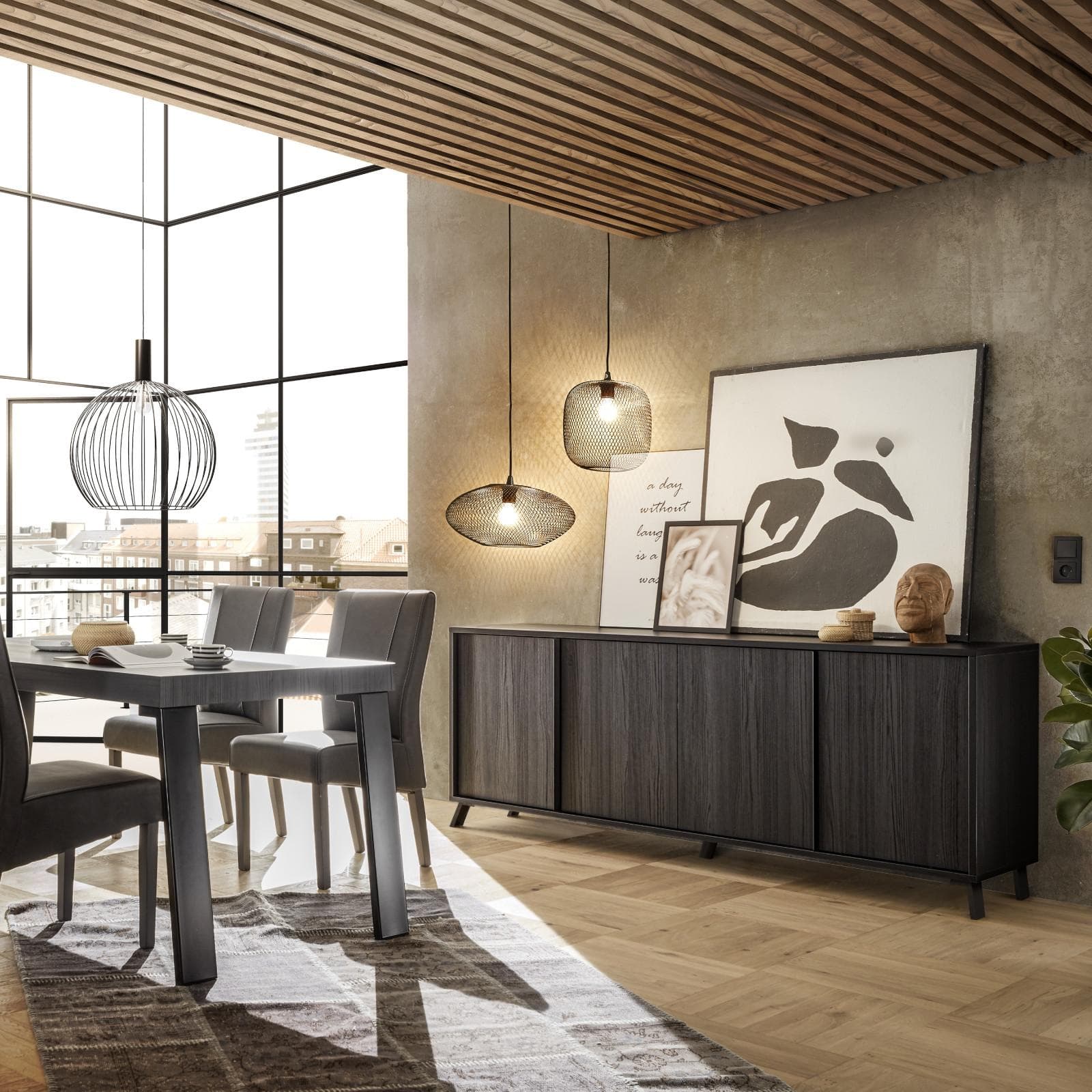 Madia 205 cm con quattro ante in legno nero frassinato - Mendes