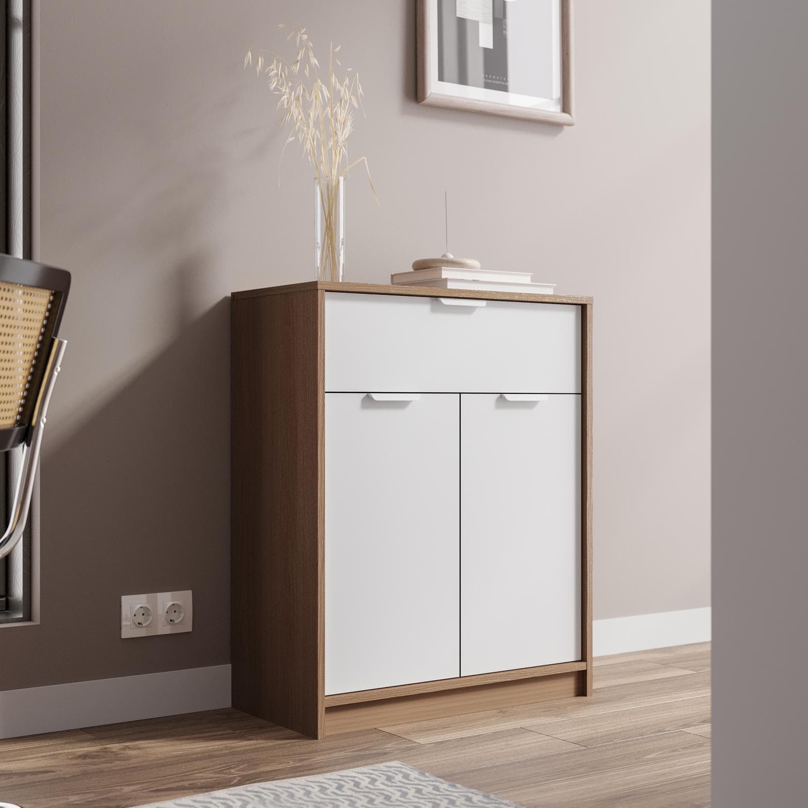 Madia 71x88h cm in legno bianco e rovere con 2 ante e 1 cassetto - Aubin