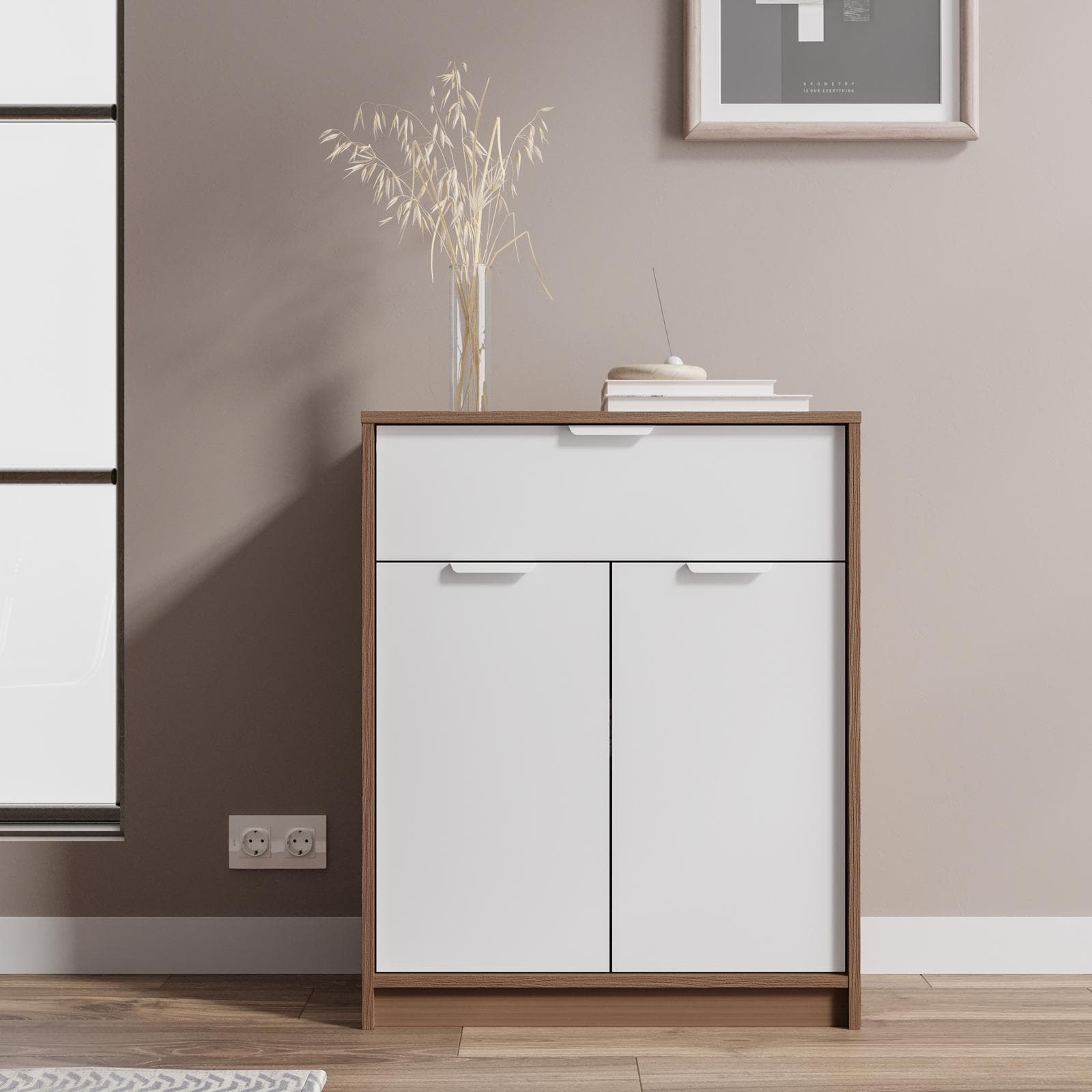 Madia 71x88h cm in legno bianco e rovere con 2 ante e 1 cassetto - Aubin