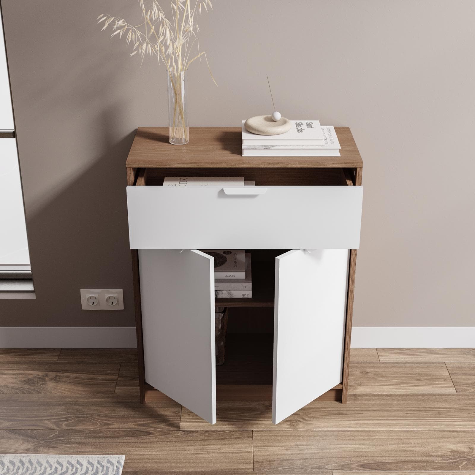 Madia 71x88h cm in legno bianco e rovere con 2 ante e 1 cassetto - Aubin