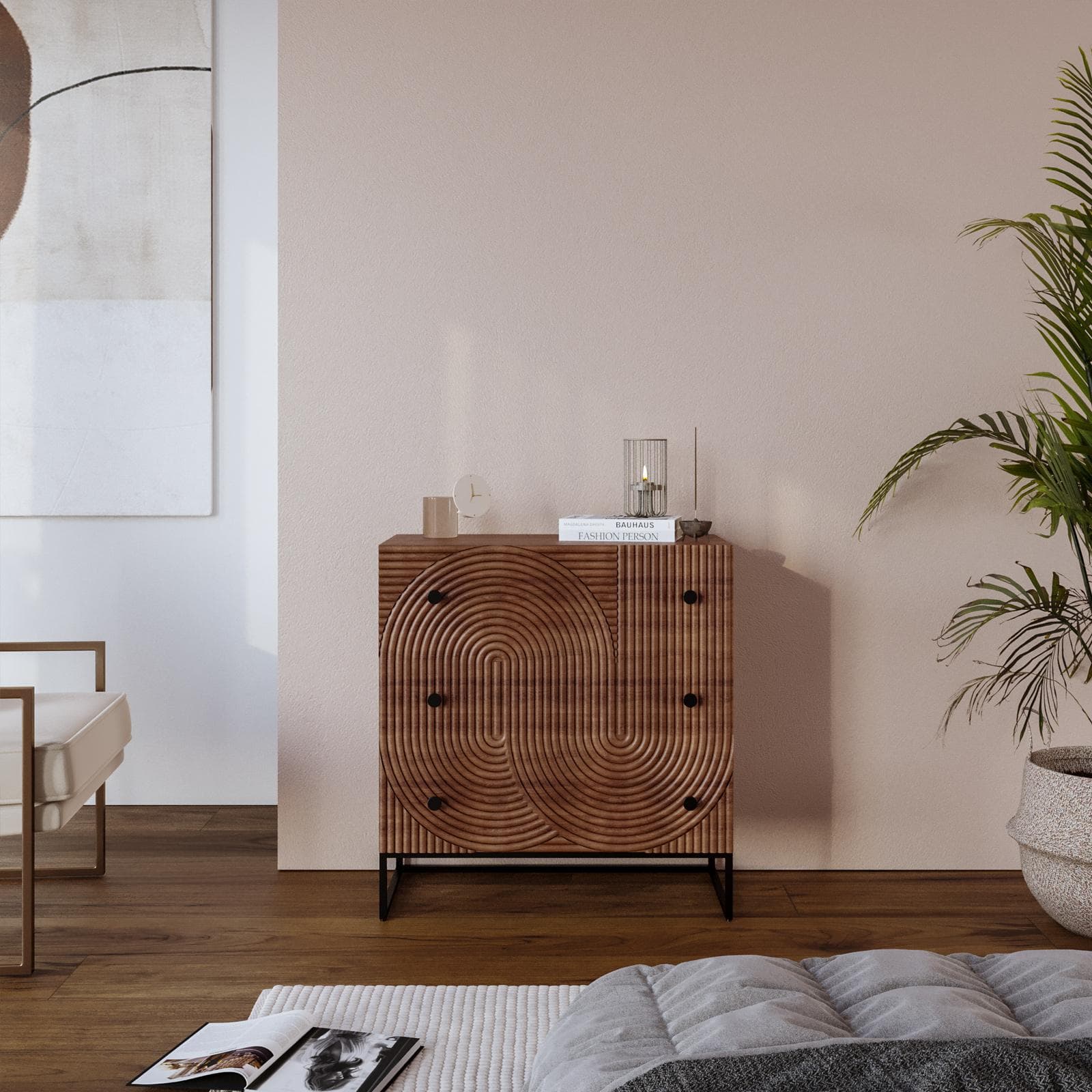 Cassettiera 75x80h cm con 3 cassetti in legno di mango cannettato - Alisha