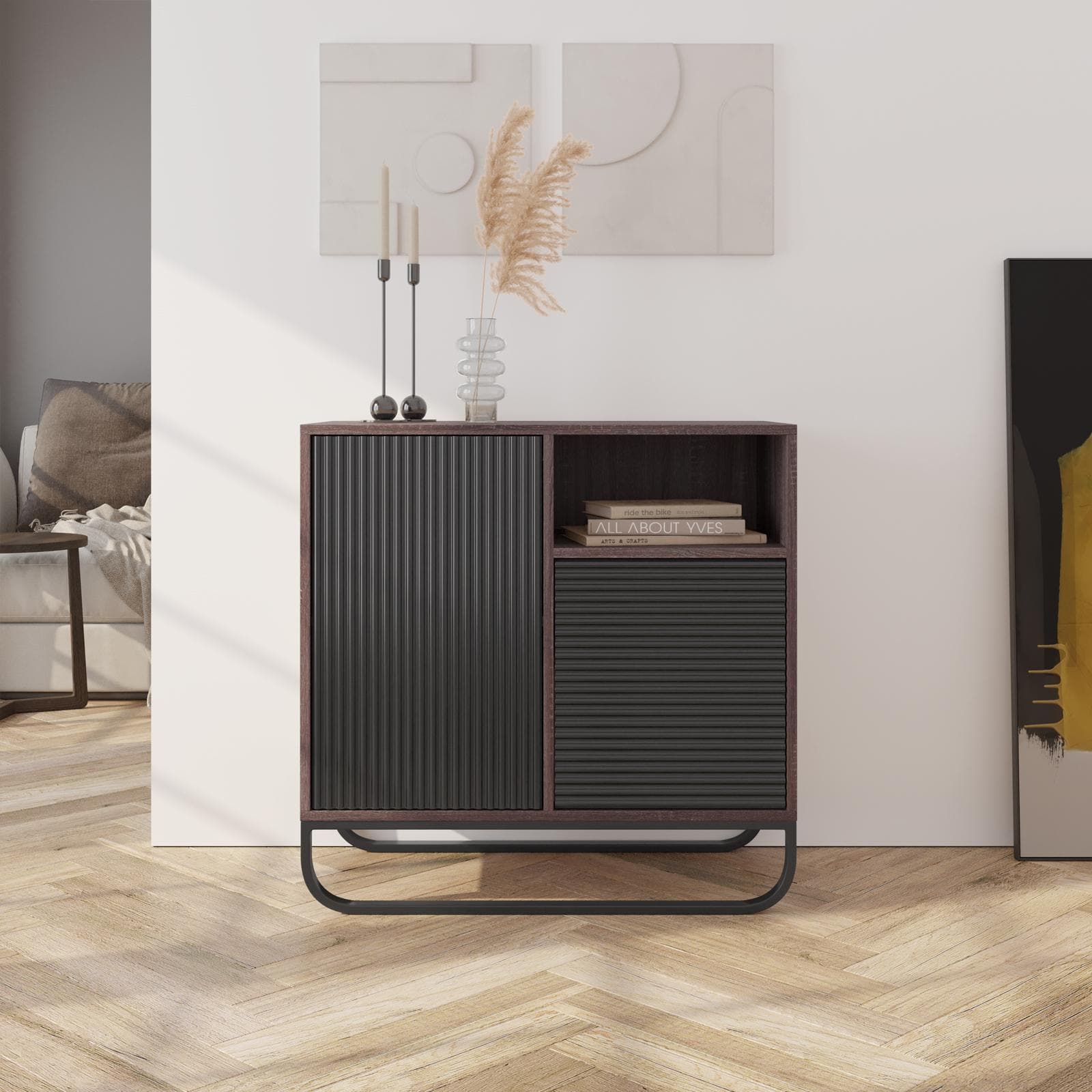 Madia 79x78h cm in legno cannettato noce e nero - Sven