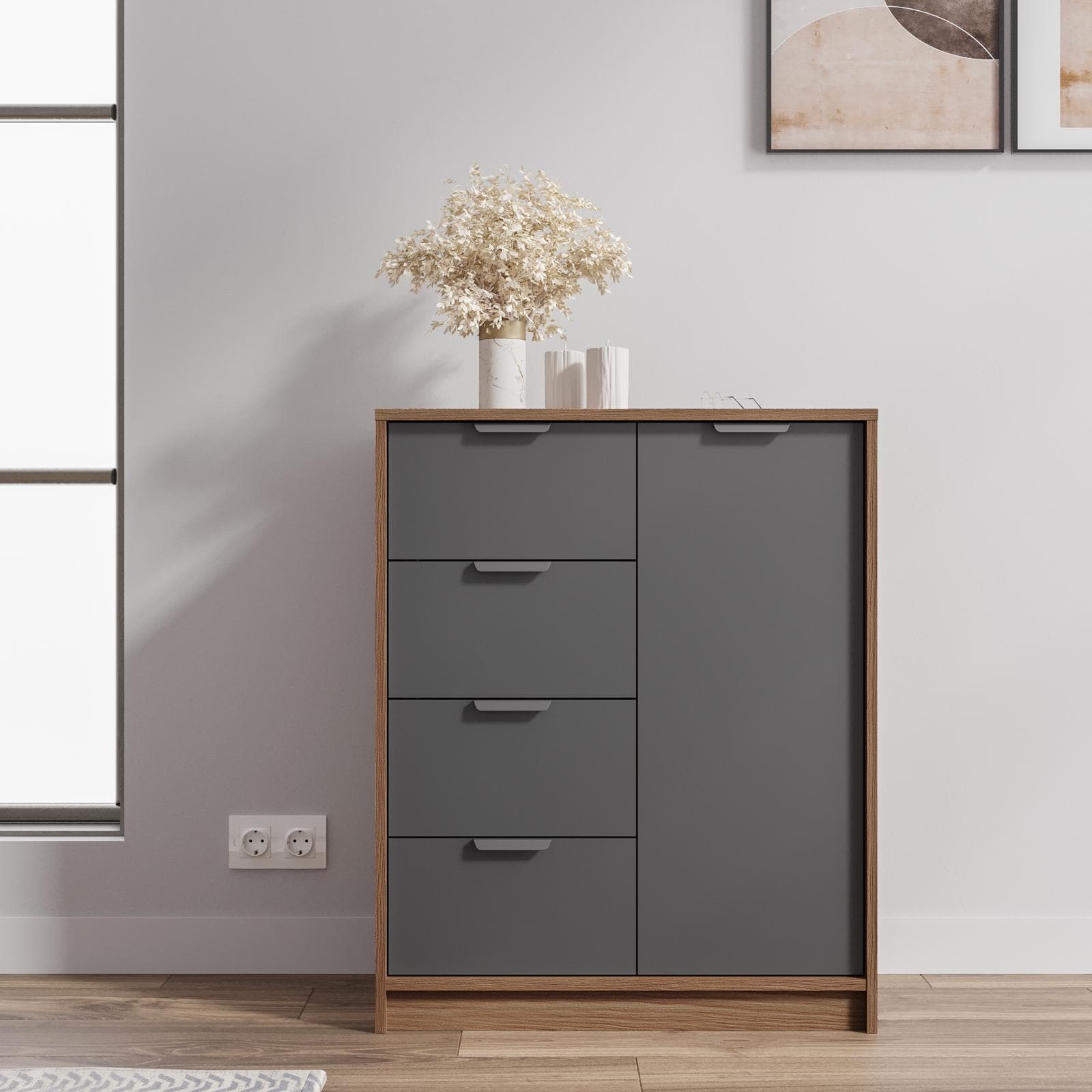 Madia 79x88h cm in legno antracite e rovere con 1 anta e 4 cassetti - Aubin