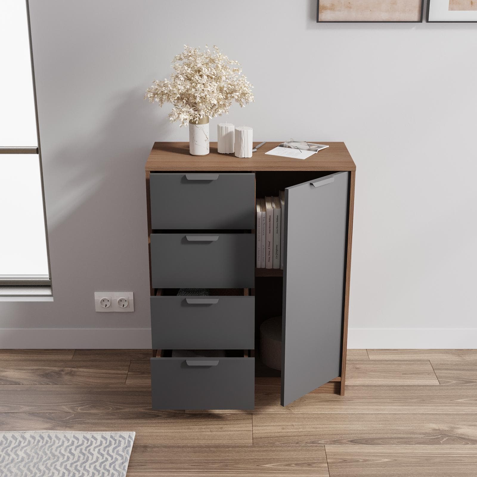 Madia 79x88h cm in legno antracite e rovere con 1 anta e 4 cassetti - Aubin