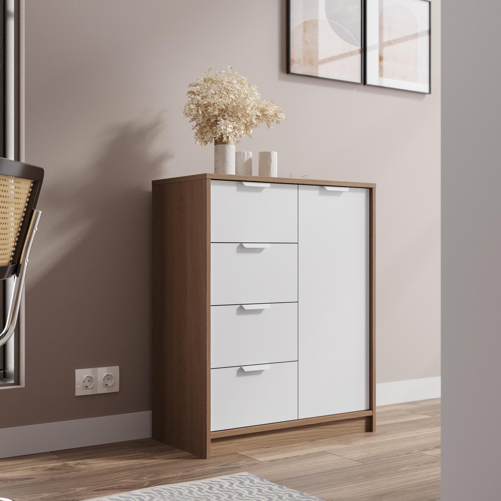Madia 79x88h cm in legno bianco e rovere con 1 anta e 4 cassetti - Aubin